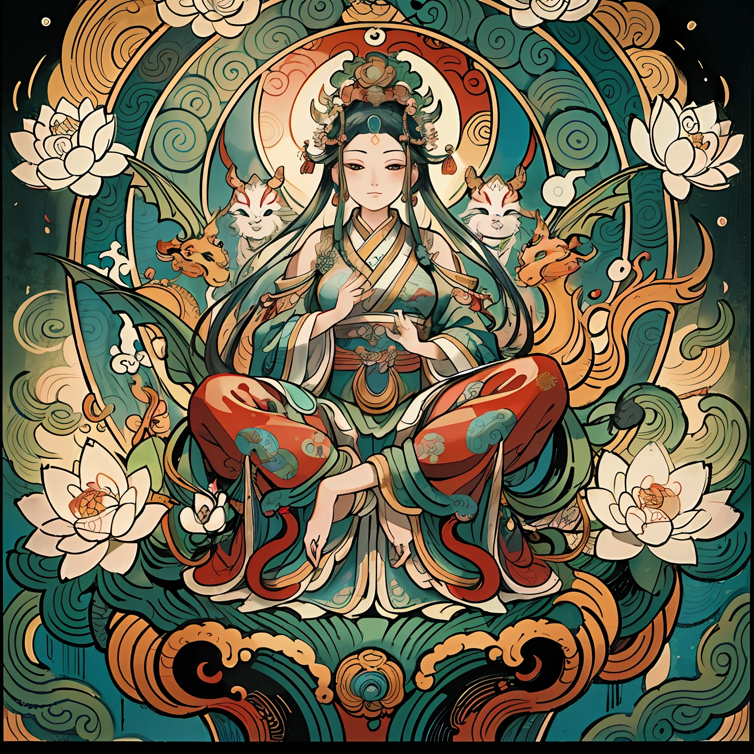 an ancient Chinese goddess, guanyin of the southern seas, Guanyin, Inspired by India, Avalokiteshvara rides a dragon,Serene expression,shui mo hua,Buddha,Buddhist,Lotus,Chinese painting style,Thangka style