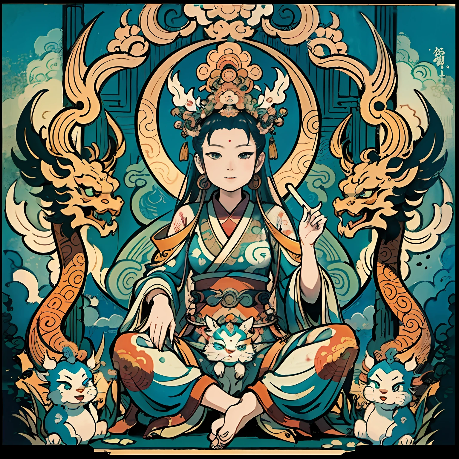 an ancient Chinese goddess, guanyin of the southern seas, Guanyin, Inspired by India, Avalokiteshvara rides a dragon,Serene expression,shui mo hua,Buddha,Buddhist,Lotus,Chinese painting style,Thangka style