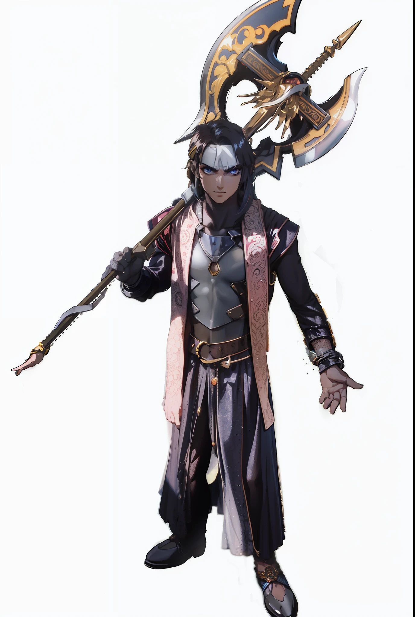 Homem necromante de pele marrom e guerreiro vestido com uma armadura negra com uma gola alta de ferrosegurando um grande machado  8k