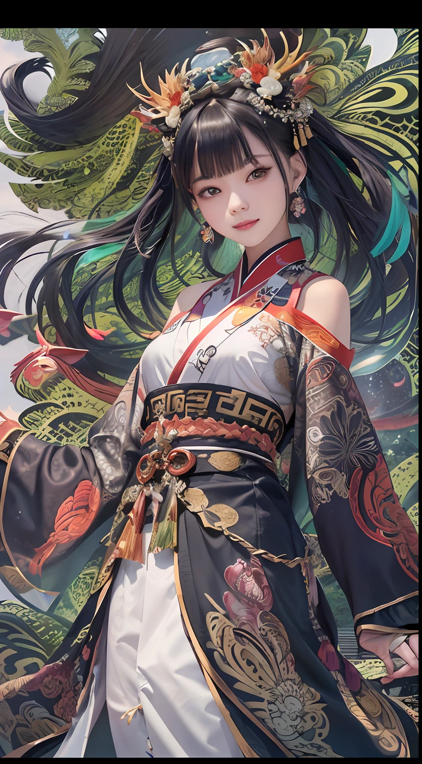 Official Art, Unified 8K Wallpapers, Ultra Detailed, Beautiful and Aesthetic, Masterpiece, Best Quality, (Zentangle, Tangle, Entangle), (fractal art: 1.4), 1girl, black hair, Chinese, bare shoulders, short skirt, calf, navel, very detailed, dynamic angle, cowboyshot, (most beautiful form chaos), flowing, (bright colors), oc, (half: 1.2), china, (thangka flying sky: 1.5), (ribbon: 1.3), (dream: 1.5), (hanfu: 1.5), Chinese dragon, Chinese phoenix, (smile: 0.5), (Chinese deity),