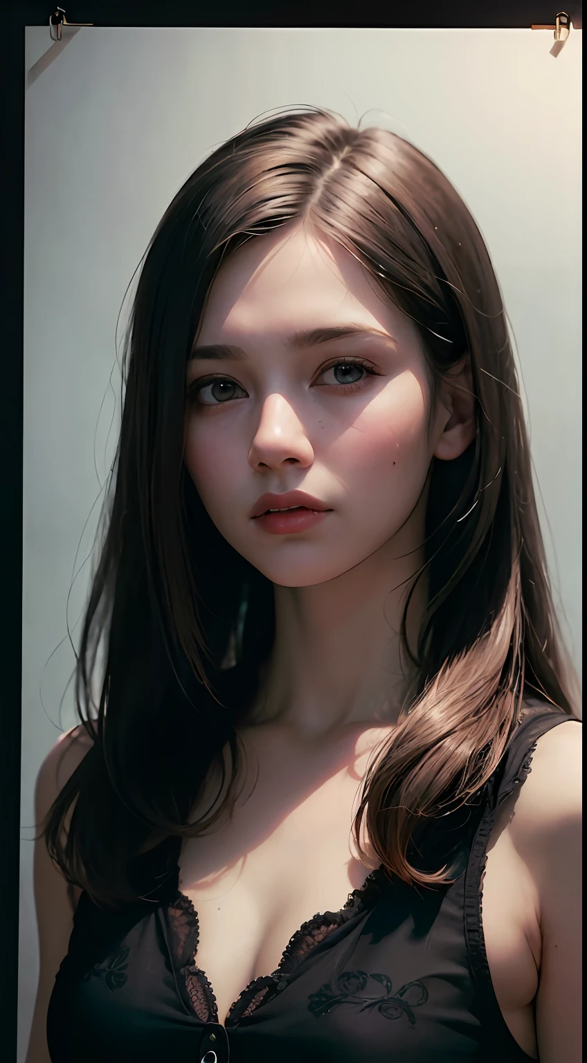 (front focus), (in the dark:1.6), Hyperrealist portrait of female by david hockney and alphonse mucha, fantasy art, photo realistic, dynamic lighting, artstation, poster, volumetric lighting, very detailed faces, 4 k, award winning, 1girl, in the dark, deep shadow, low key, cowboy shot, (official clothing:1.4), long hair, white hair