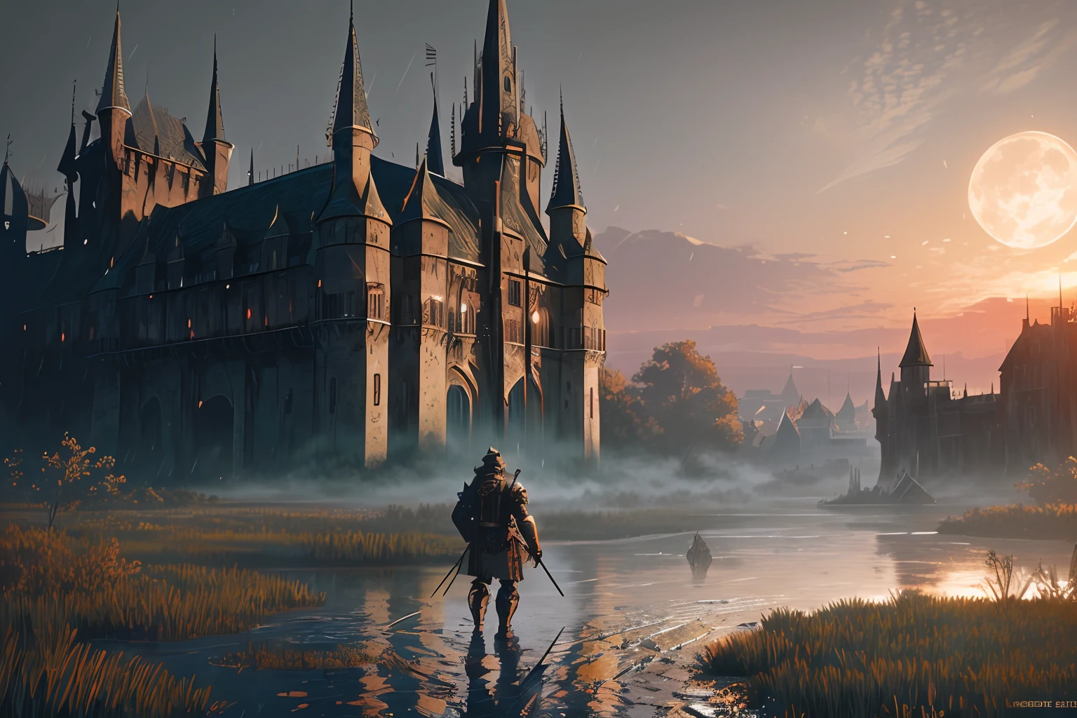 the old (wounded:1.2) knight walks through the (swamp:1.3), (black gotic armor:1.2) with spikes, horns, a big sword on his back, gothic decorations
gotic black castle on background, full red moon in the sky, dark night, spores, bones, blood, skulls, rain, bloodborn style, (dark shot:1.17), epic realistic, faded, ((neutral colors)), art, (hdr:1.5), (muted colors:1.2), hyperdetailed, (artstation:1.5), cinematic, warm lights, dramatic light, (intricate details:1.1), complex background, (rutkowski:0.8), (teal and orange:0.4)