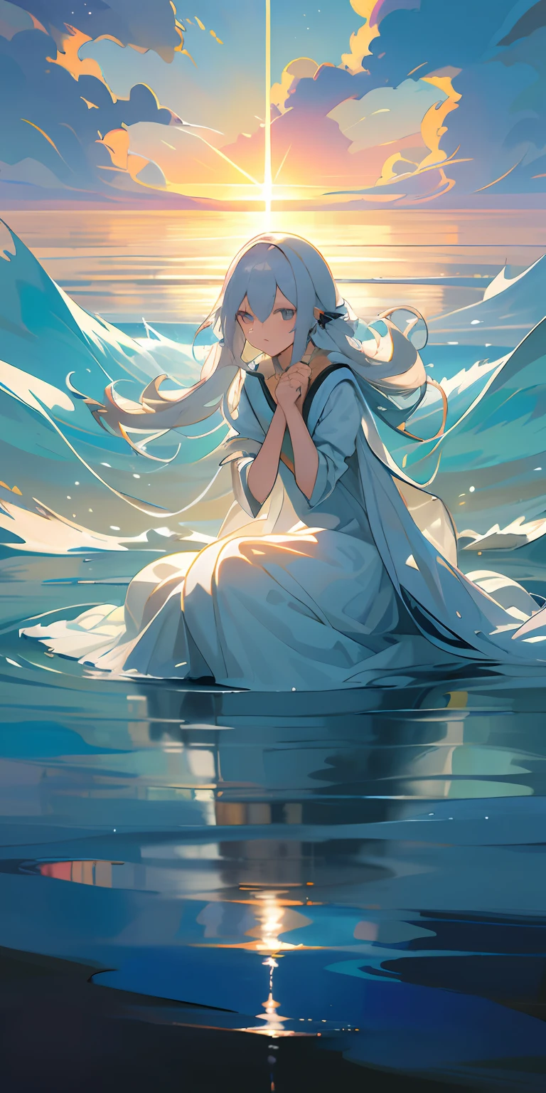 Highest image quality,tmasterpiece,First in the world,Top painting,Holy maiden,abstact,The long white dress is flowing,Endless flowing oceans,Deep eyes,Sit on your knees,The sky is cloudy,The sun and the moon shine,The water is calm,Full body like,Photo quality,4K,Long transparent dress,Water flows,The skirt flows into the water,The clothes are fluttering,Clouds surround,The clothes fluttered