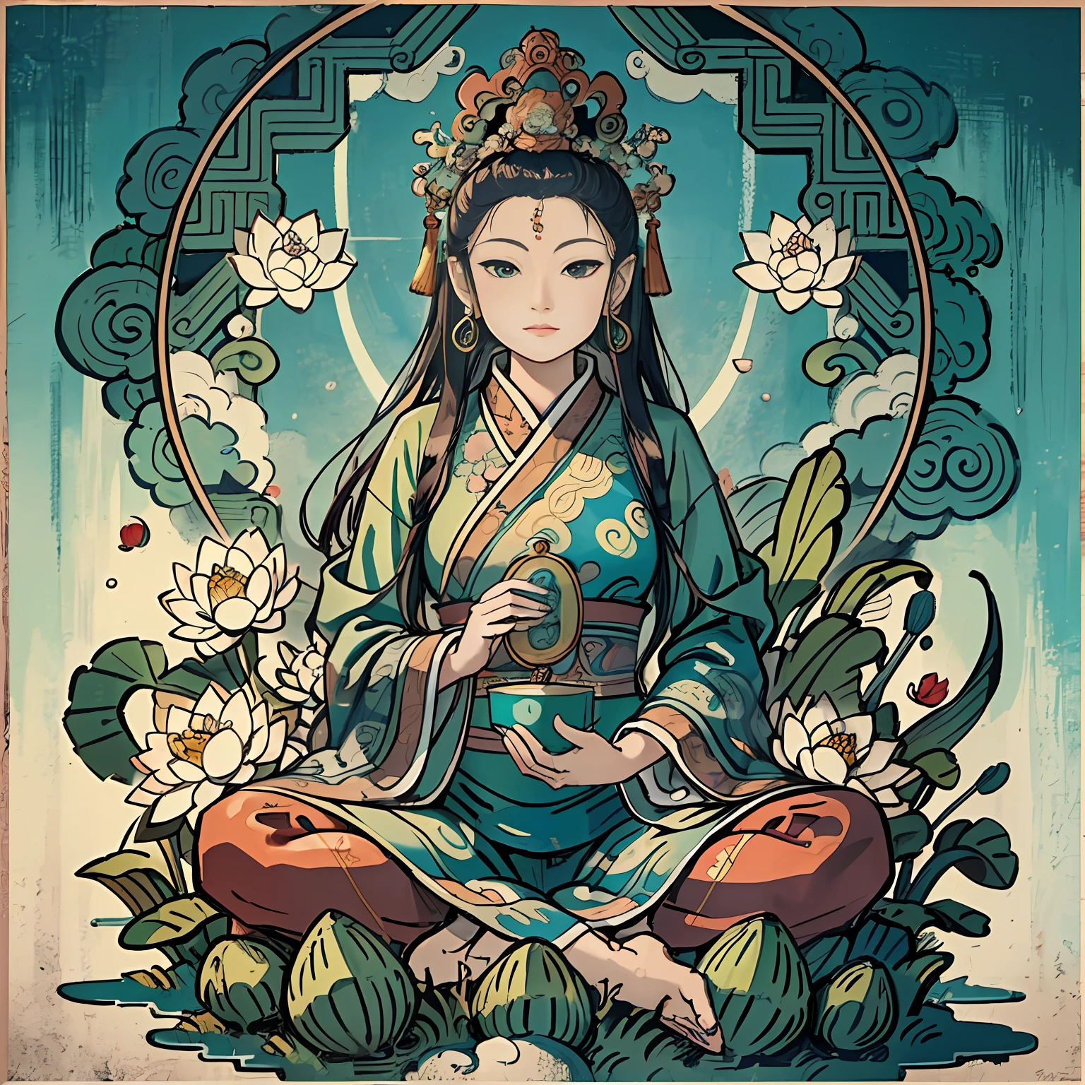 Woman sitting on a lotus,guanyin of the southern seas,Guanyin,contented female bodhisattva,jade sculpture,bodhisattva,queen of the sea mu yanling,serene,Serene expression,shui mo hua,Buddha,Buddhist,Lotus,Chinese painting style,Thangka style