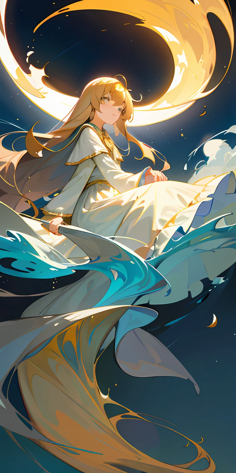 Highest image quality，tmasterpiece，First in the world，Top painting，Holy maiden，abstact，The long white dress is flowing，Endless flowing oceans，Deep eyes，Sit on your knees，The sky is cloudy，The sun and the moon shine，The water is calm，Full body like，Photo quality，4K，Long transparent dress，Water flows，The skirt flows into the water，The golden crescent is behind him，The clothes are fluttering，Clouds surround，The water is shining gold