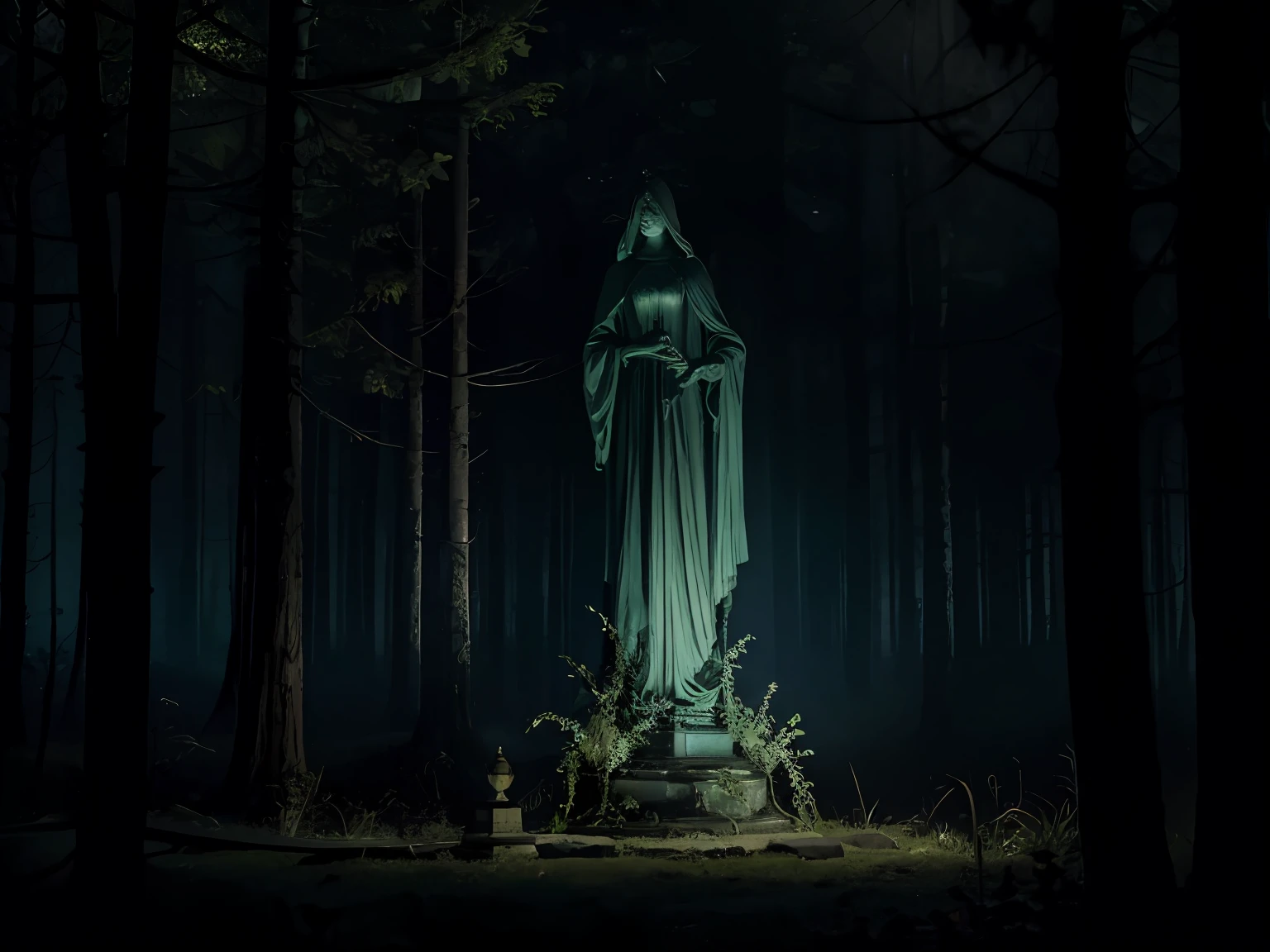 estatua sombria e osbura no meio da floresta macabra a noite sobre a luz do luar e corvos e morcegos voando, clima denso, gothic horror vibes, arte de fantasia de terror, cores mortas