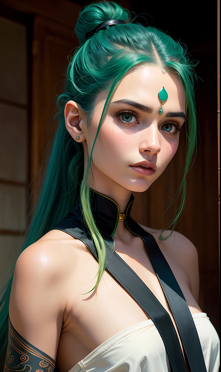 Protrait, photograph, androgynous hunnuman, oval jaw, delicate features, beautiful face, dreadlocked hair, long bangs, long ponytail, bright blue-green eyes, hindu art,