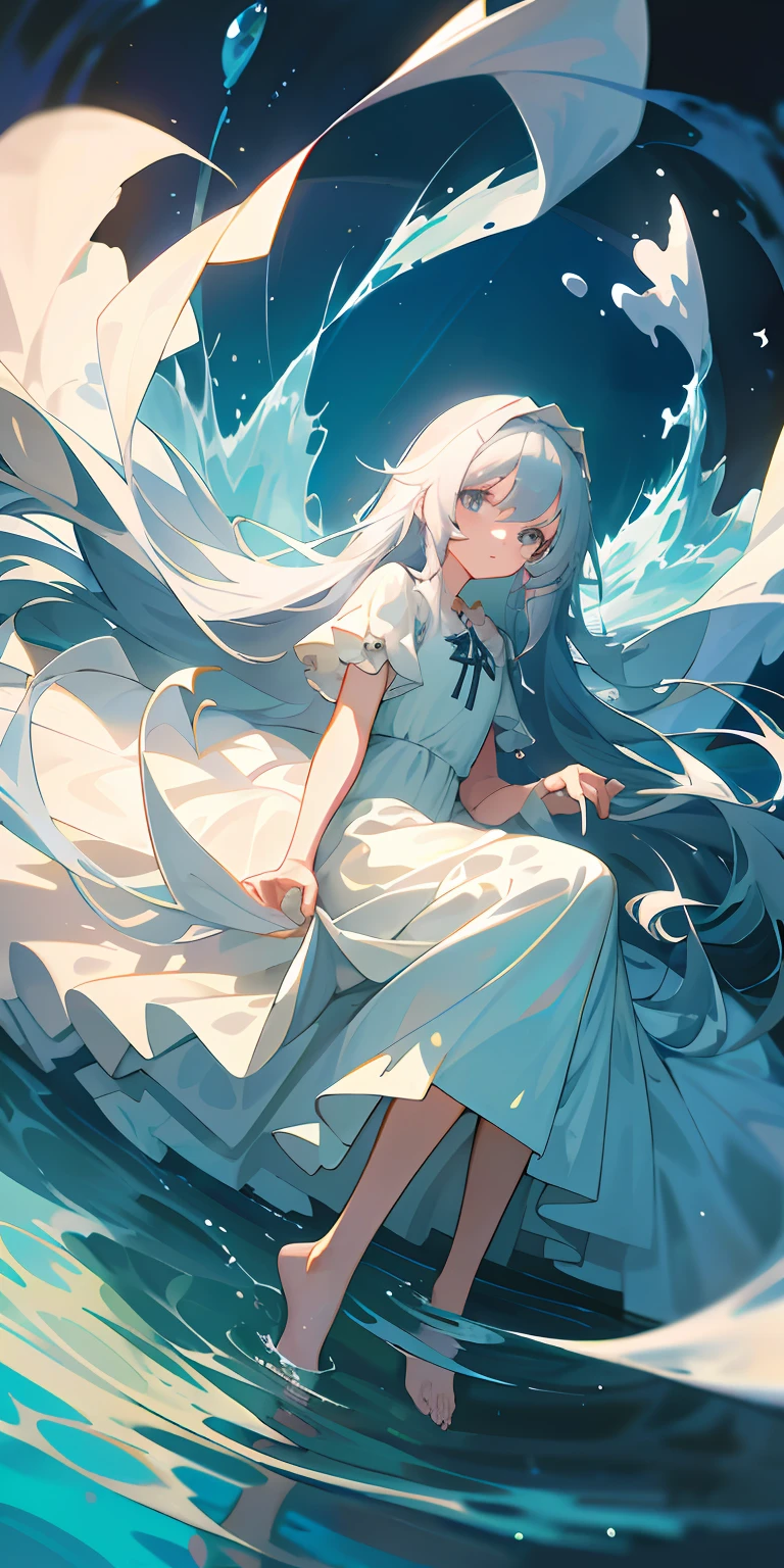 Highest image quality，tmasterpiece，First in the world，Top painting，Holy maiden，abstact，The long white dress is flowing，Endless flowing oceans，Deep eyes，Sit on your knees，The sky is cloudy，The sun and the moon shine，The water is calm，Full body like，Photo quality，4K，Long transparent dress，Water flows，The skirt flows into the water，The clothes are fluttering，Clouds surround，The clothes fluttered