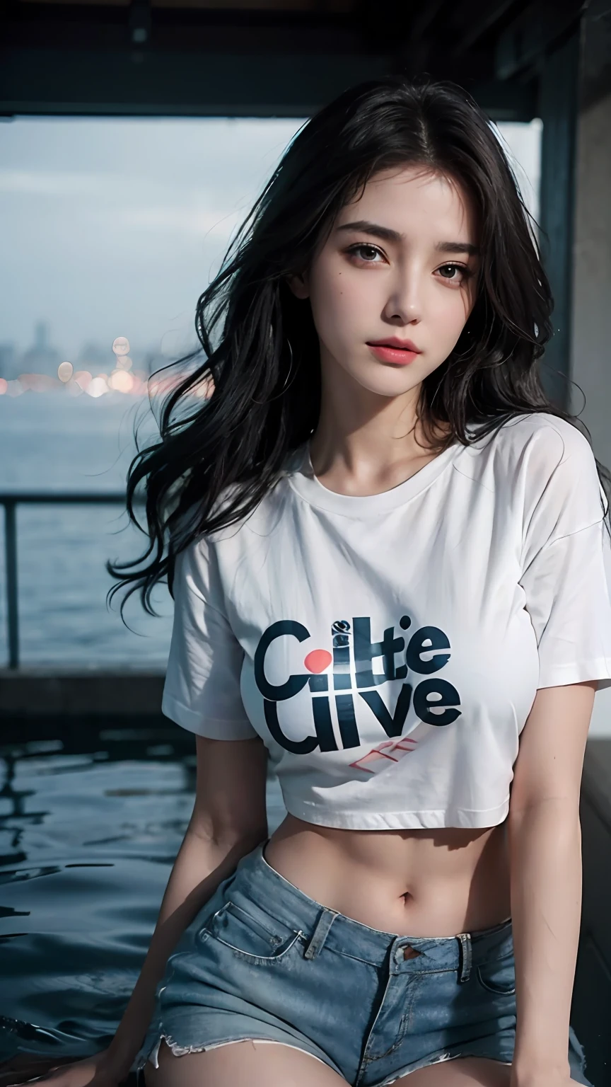Beautiful woman with wavy hair, delicate and charming eyes, thigh notch, sexy long legs, t-shirt in small shorts, beautiful futuristic cyberpunk + city, mist, damp, rain, best quality masterpiece, realistic, detailed, 8k, HDR, shallow depth of field, wide light, high contrast, backlight, flood, flash, chromatic aberration, sharp focus, RAW color photo