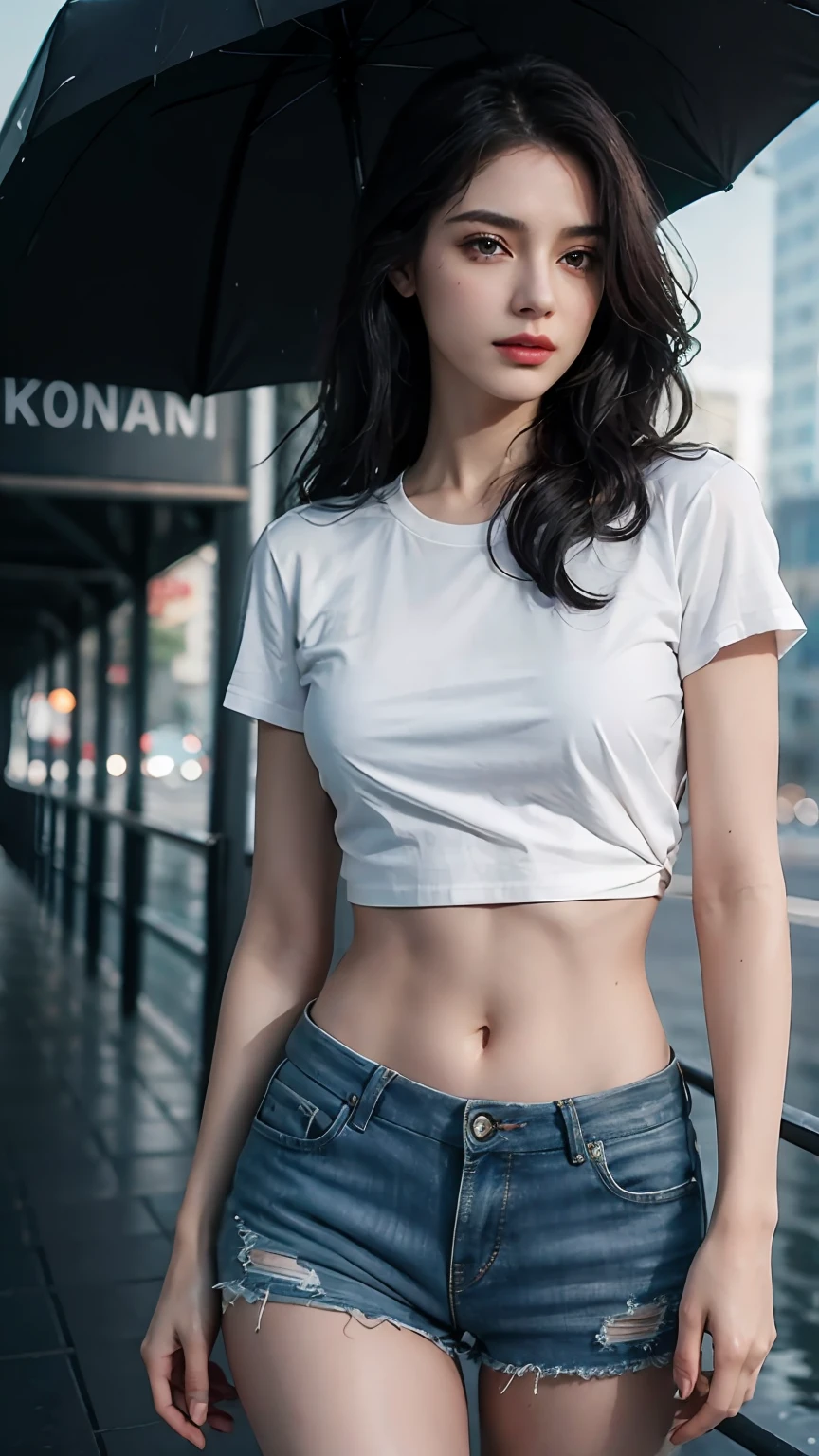 Beautiful woman with wavy hair, delicate and charming eyes, thigh notch, sexy long legs, t-shirt in small shorts, beautiful futuristic cyberpunk + city, mist, damp, rain, best quality masterpiece, realistic, detailed, 8k, HDR, shallow depth of field, wide light, high contrast, backlight, flood, flash, chromatic aberration, sharp focus, RAW color photo