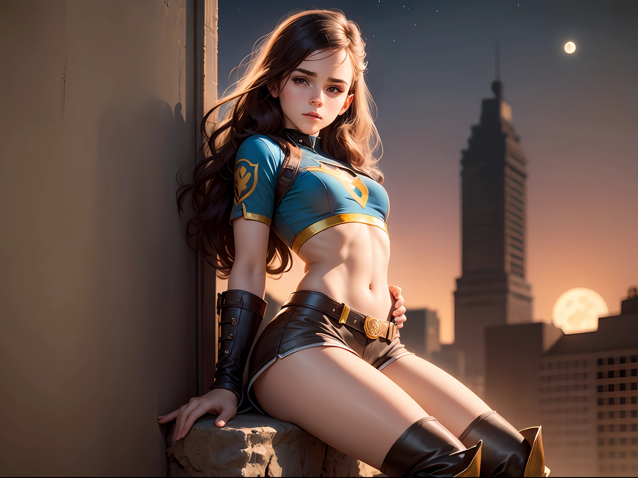 masterpiece. photorealistic. cinematic lighting. emma watson dressed as Robin the boy wonder. Detailed tight costume. crop top. Defined body. Slender. Small breasts. background moon. night. long hair. leaning on a wall that has intricate carvings and jewels. boots.