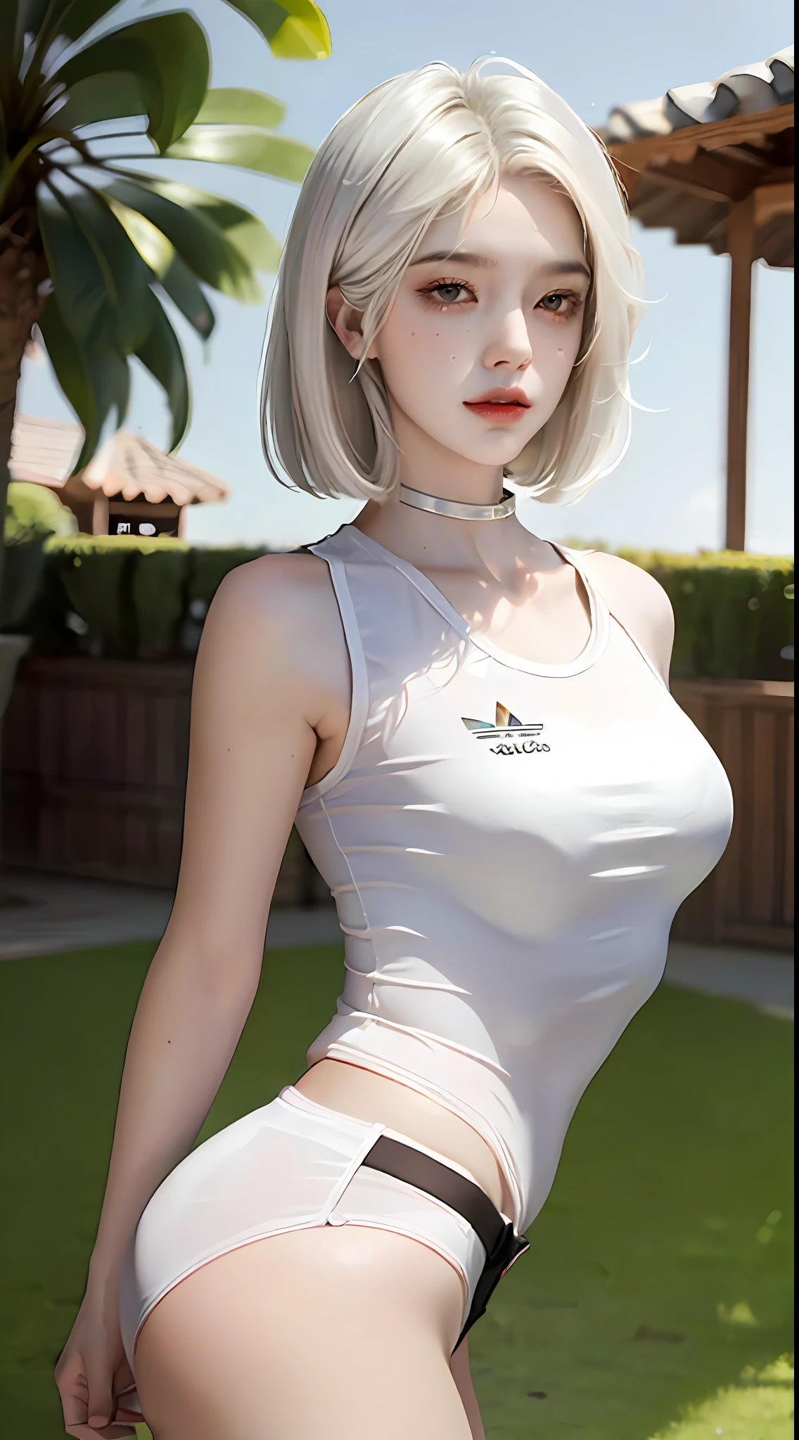 A female (solo), with brown eye, short white hair, with the face of an 18-year-old girl, making a mischievous sneer, curved body, (intricate details), short shirt (ADIDAS: 2.0), neckline, short shorts, (small breasts: 1.0), (big ass: 2.0), (wide hip: 1.2), taking a selfie, striking a provocative pose, (background of a backyard), (camera view).