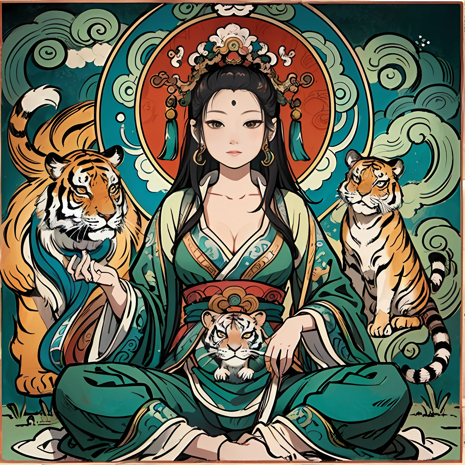 an ancient Chinese goddess, guanyin of the southern seas, Guanyin, Inspired by India, Avalokiteshvara rides a tiger,Serene expression,shui mo hua,Buddha,Buddhist,Lotus,Chinese painting style,Thangka style