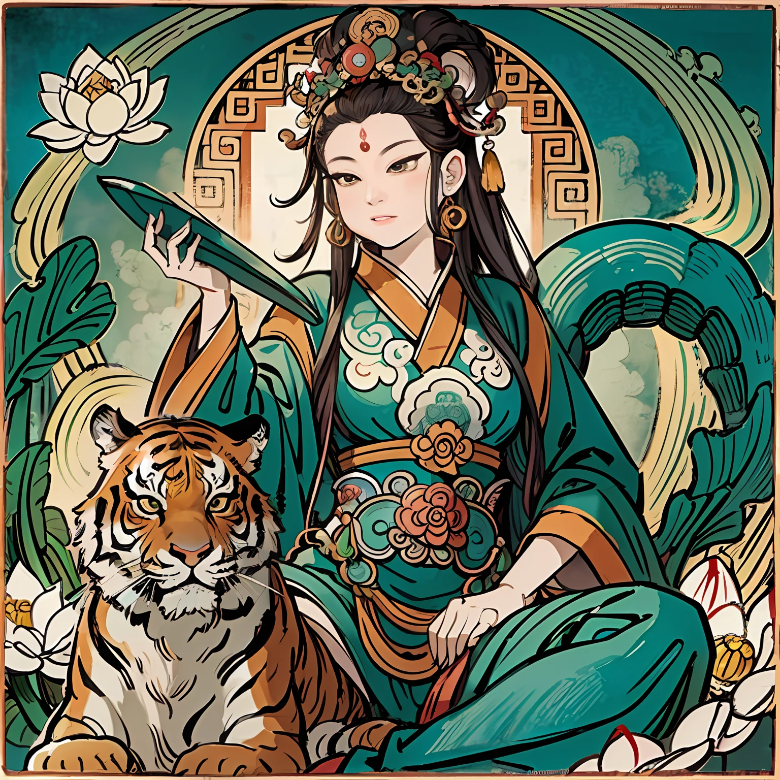 an ancient Chinese goddess, guanyin of the southern seas, Guanyin, Inspired by India, Avalokiteshvara rides a tiger,Serene expression,shui mo hua,Buddha,Buddhist,Lotus,Chinese painting style,Thangka style