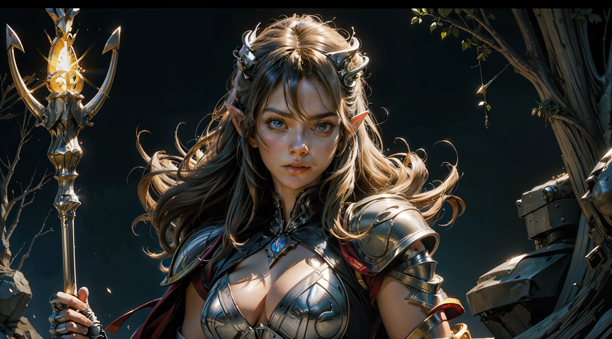 dungeons and dragons，mages，Warriors，the elf，archer，Heavy armor，magnificent robe，Glowing scepter，speleothems，half-body shots，dramatics，（Close portrait：1.3），illusory engine， (High detail: 1.9)，（femele：1.4），（big breasts beautiful： 1.4),(carismatic:1.3)，