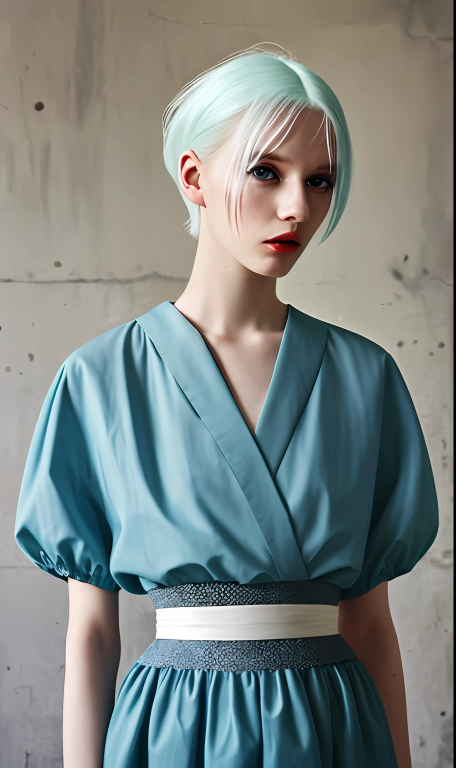 portrait of haute couture beautiful albino european fashion model with pale blue hair, ethereal dreamy foggy, photoshoot by Alessio Albi , editorial Fashion Magazine photoshoot, fashion poses, in front of brutalist building architecture. Kinfolk Magazine. Film Grain, BREAK film photoshoot, hazy background, smoky,film photo,,film grain,vintage photo with film grain