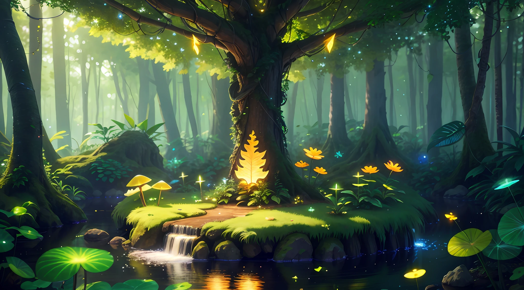 tmasterpiece，best qualtiy，（Highly detailed CG unified 8K wallpaper），（Better quality），（Better illustrations），（better shade），Forest theme with natural elements。Tall trees，Quiet spring water，Glowing small mushrooms，Surrounded by delicate leaves and branches，There are firefly and glowing particle effects，（nature elements），（Jungle theme），（Foliage），（tree branch），（glowworm），butterflys，（exquisite leaves)、（with light glowing）、（Particle effect）。 , Isometric 3D, octaneratingrendering, Ray traching, Hyper-detailing