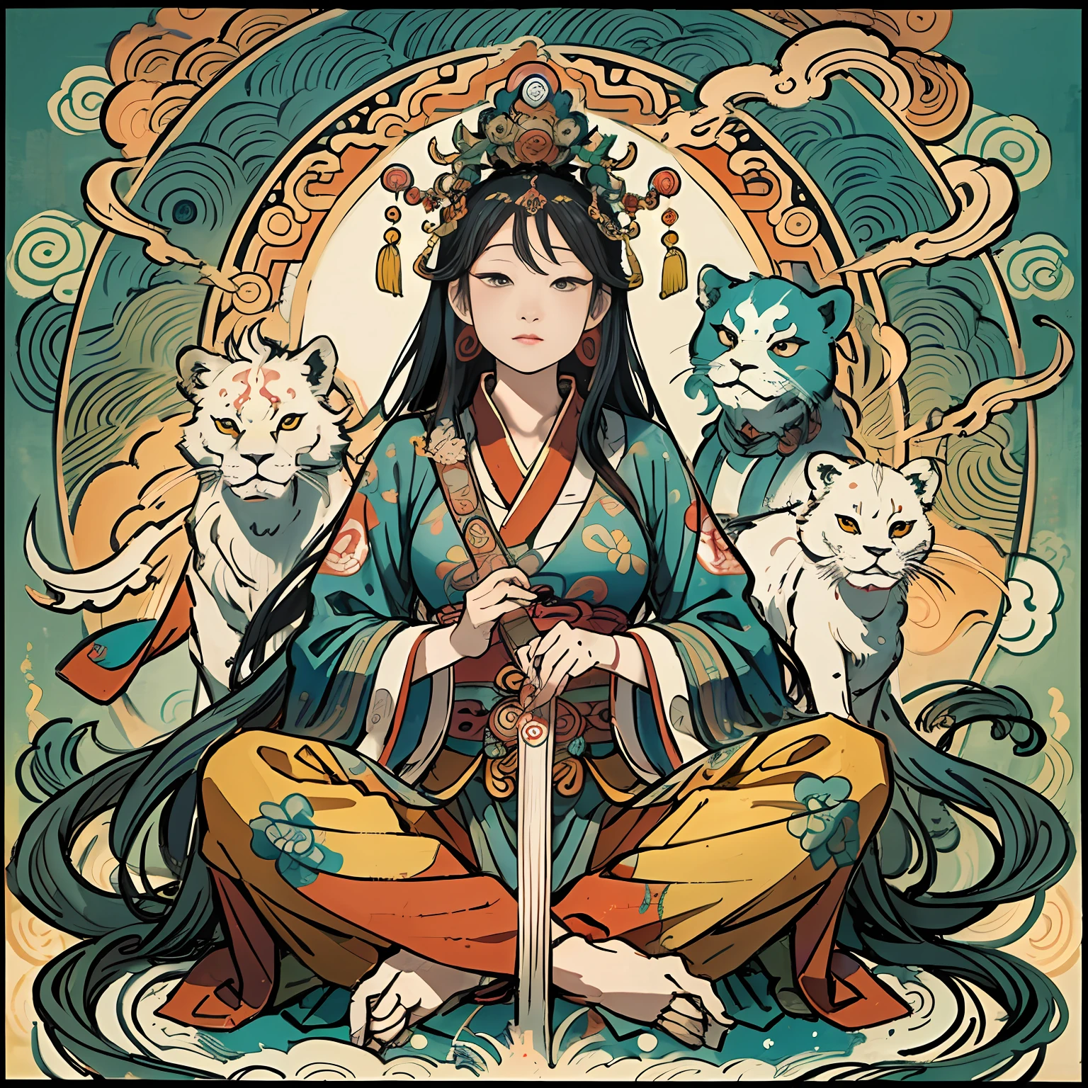an ancient Chinese goddess, guanyin of the southern seas, Guanyin, Inspired by India, Avalokiteshvara rides a lion,,Serene expression,shui mo hua,Buddha,Buddhist,Lotus,Chinese painting style,Thangka style