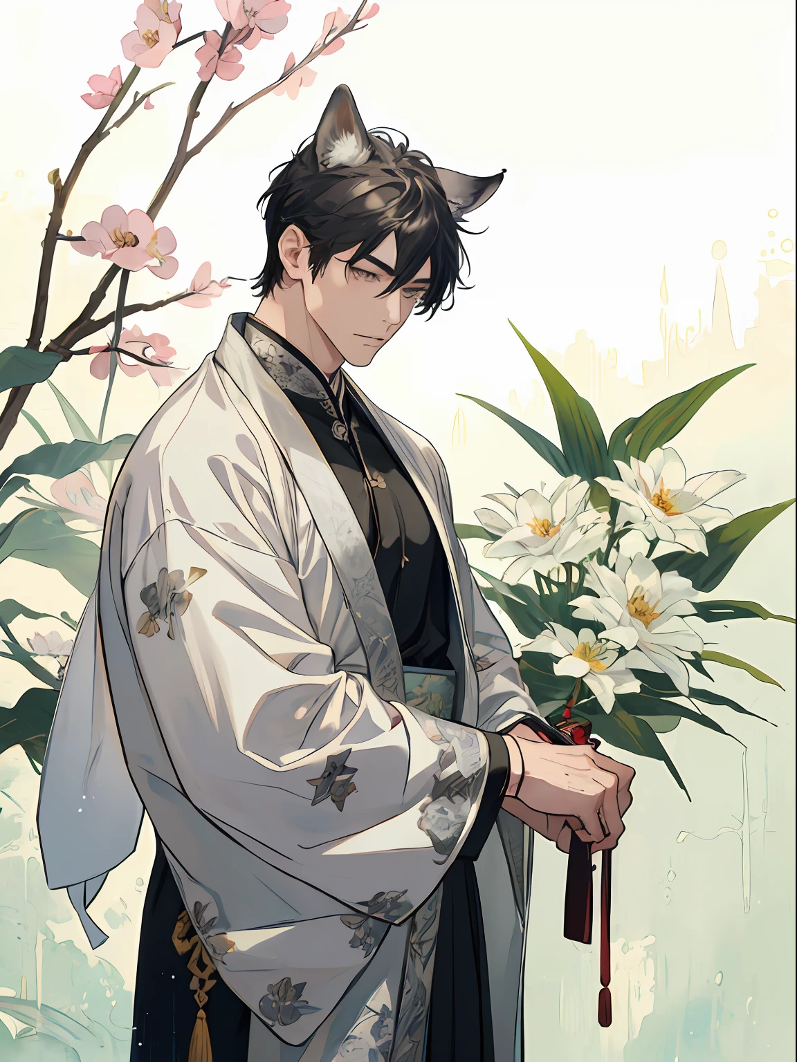 ((4K、masterpiece、top-quality))、(Beautiful fox-eared gray-haired man、A strong man with black hair with wolf ears), ink and watercolor painting、Traditional Chinese Ink Painting、lotuses、Hanfu、Maxi Kit、Dress conservatively、 white hair, Animal ears, bule, florals, Lots of flowers nearby, coyote、shenron、extra detailed face、