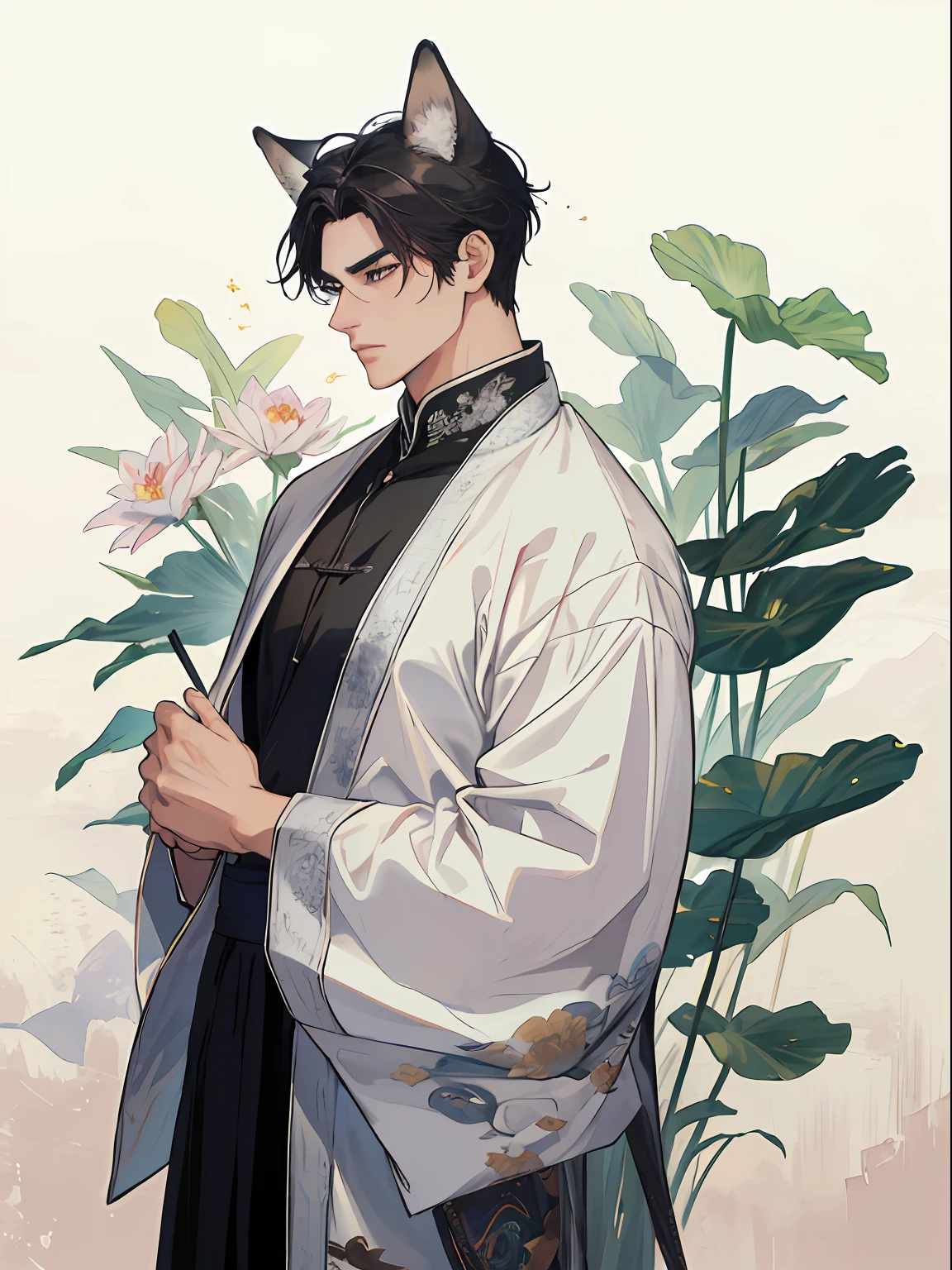 ((4K、masterpiece、top-quality))、(Beautiful fox-eared gray-haired man、A strong man with black hair with wolf ears), ink and watercolor painting、Traditional Chinese Ink Painting、lotuses、Hanfu、Maxi Kit、Dress conservatively、 white hair, Animal ears, bule, florals, Lots of flowers nearby, coyote、shenron、extra detailed face、