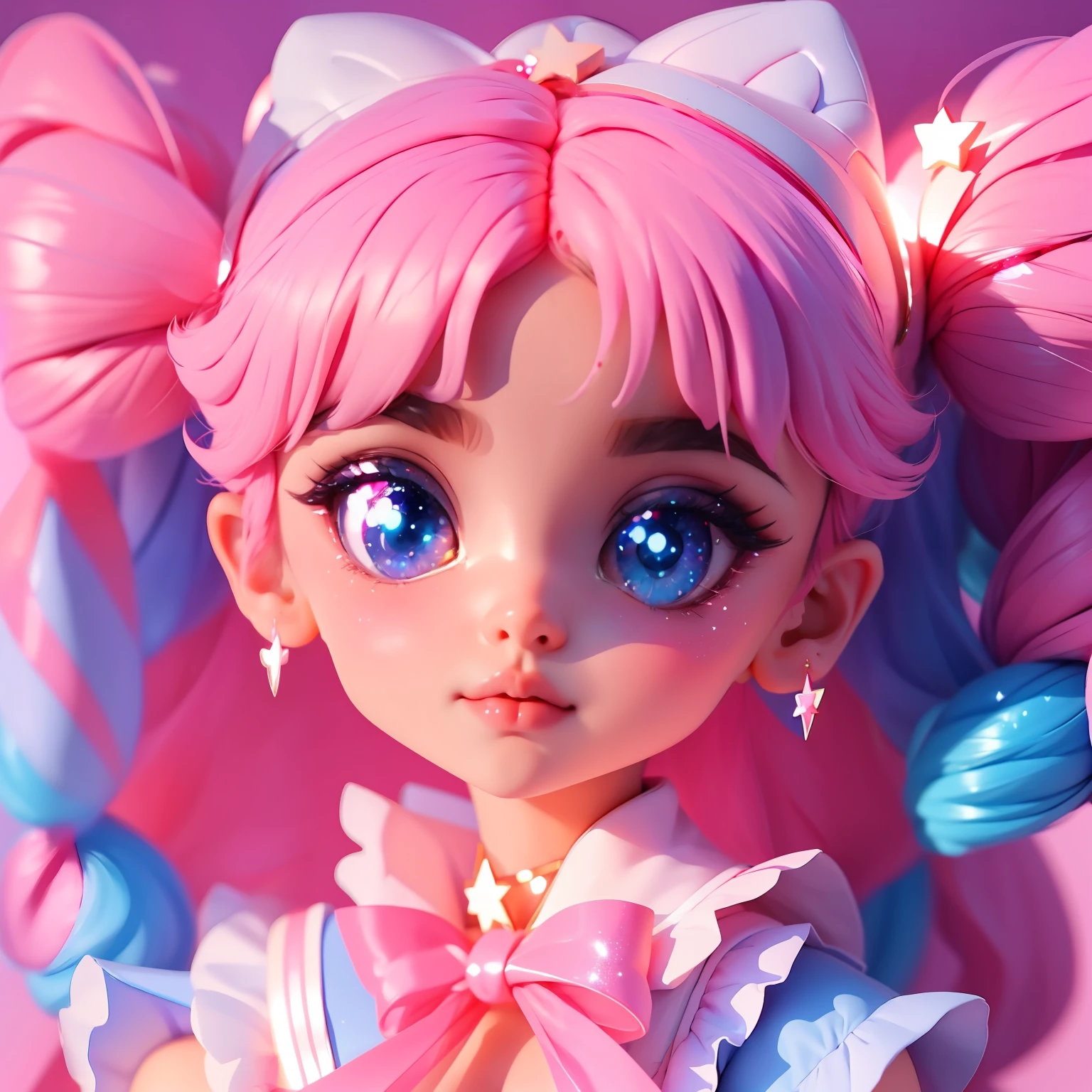 Cute and sweet sailor moon, big eyes glitters all, sweethearts illuminated pink, candy stars neon, pink and blue pastel colors, glitters and Stars details