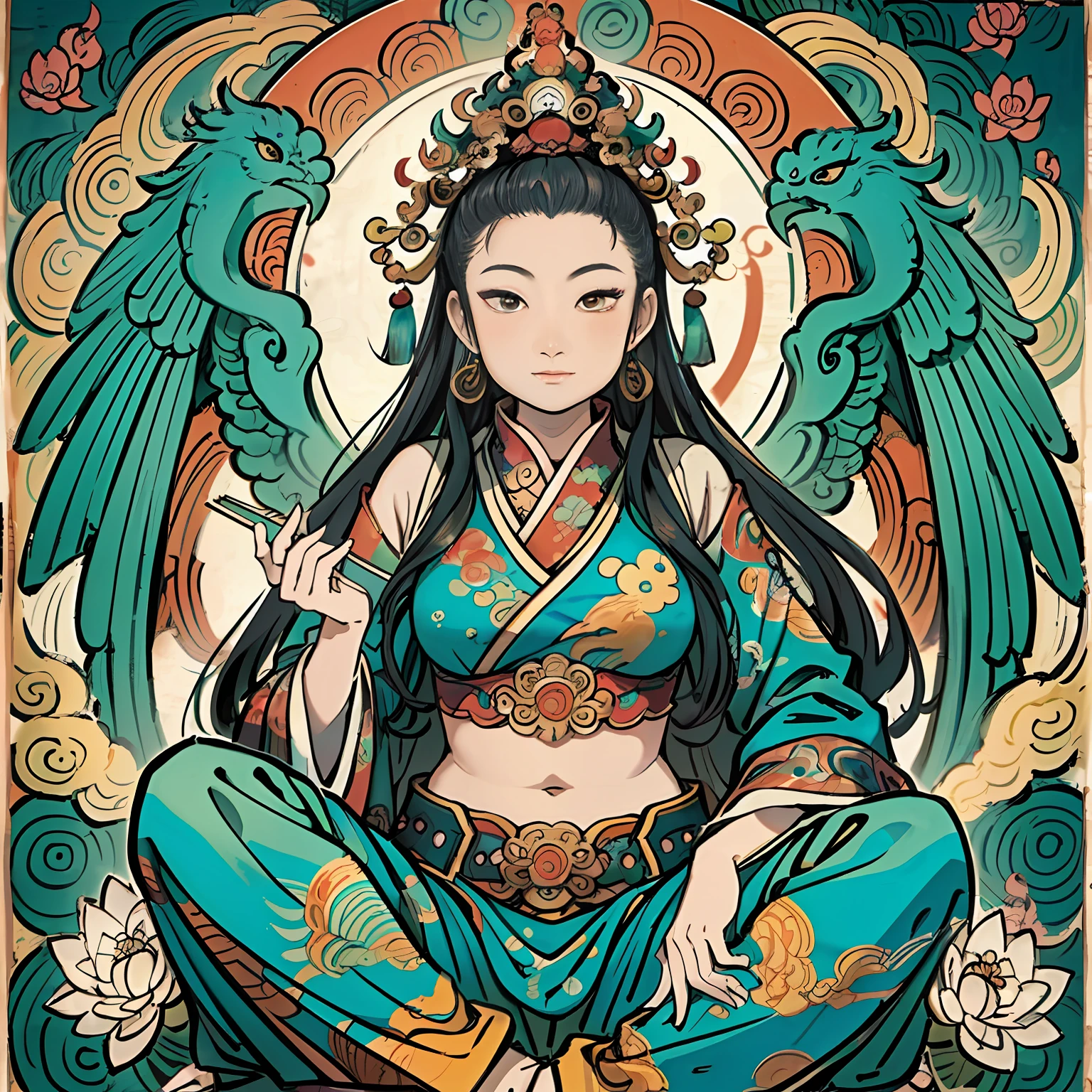 an ancient Chinese goddess, guanyin of the southern seas, Guanyin, Inspired by India, Avalokiteshvara rides a phoenix,,Serene expression,shui mo hua,Buddha,Buddhist,Lotus,Chinese painting style,Thangka style