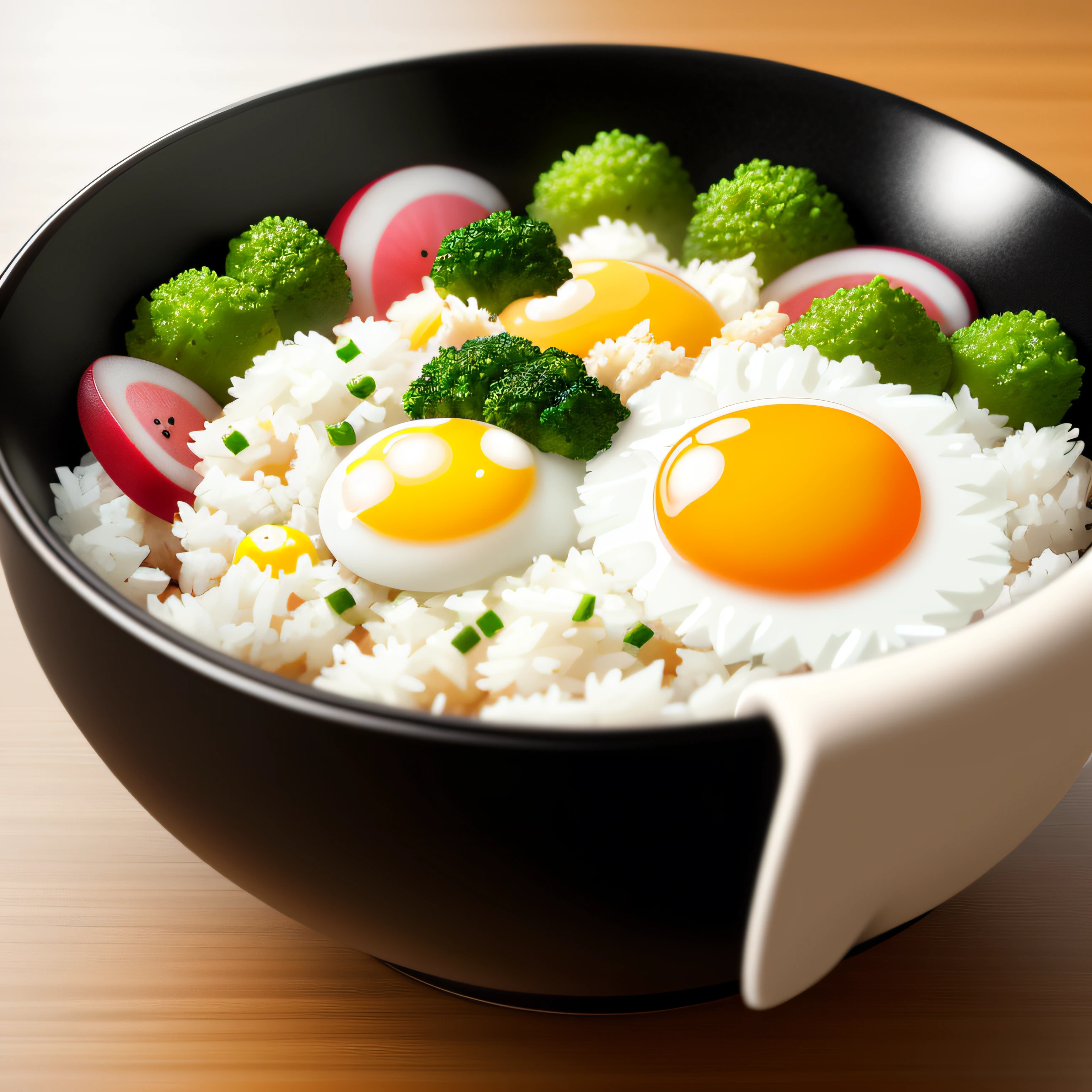 Dog eating, animation, high quality, high resolution, rice bowl, fried egg, braised pork, diced radish, beans, rice, broccoli