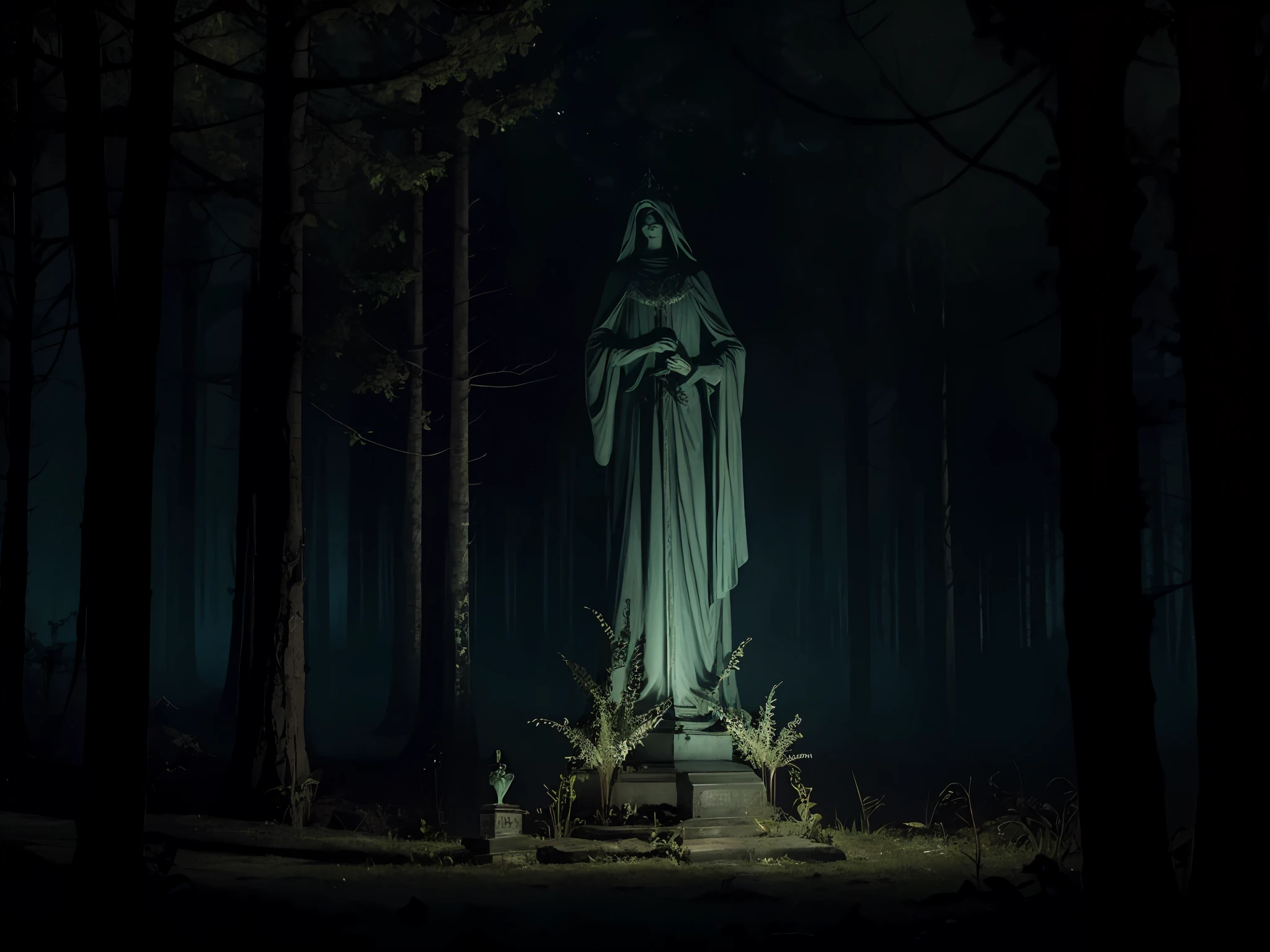 estatua sombria e osbura no meio da floresta macabra a noite sobre a luz do luar e corvos e morcegos voando, clima denso, gothic horror vibes, arte de fantasia de terror, cores mortas