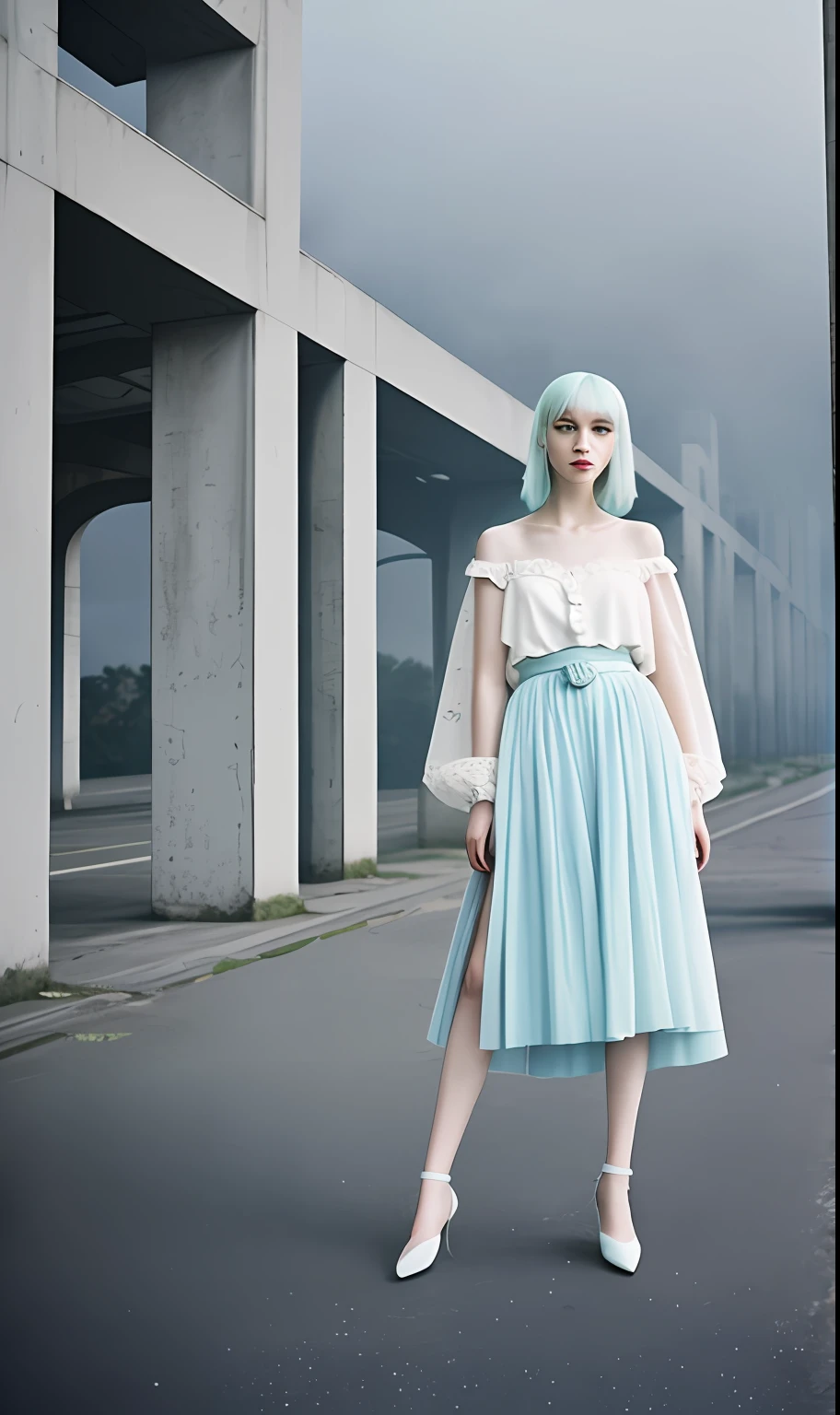 portrait of haute couture beautiful albino european fashion model with pale blue hair, ethereal dreamy foggy, photoshoot by Alessio Albi , editorial Fashion Magazine photoshoot, fashion poses, in front of brutalist building architecture. Kinfolk Magazine. Film Grain, BREAK film photoshoot, hazy background, smoky,film photo,,film grain,vintage photo with film grain
