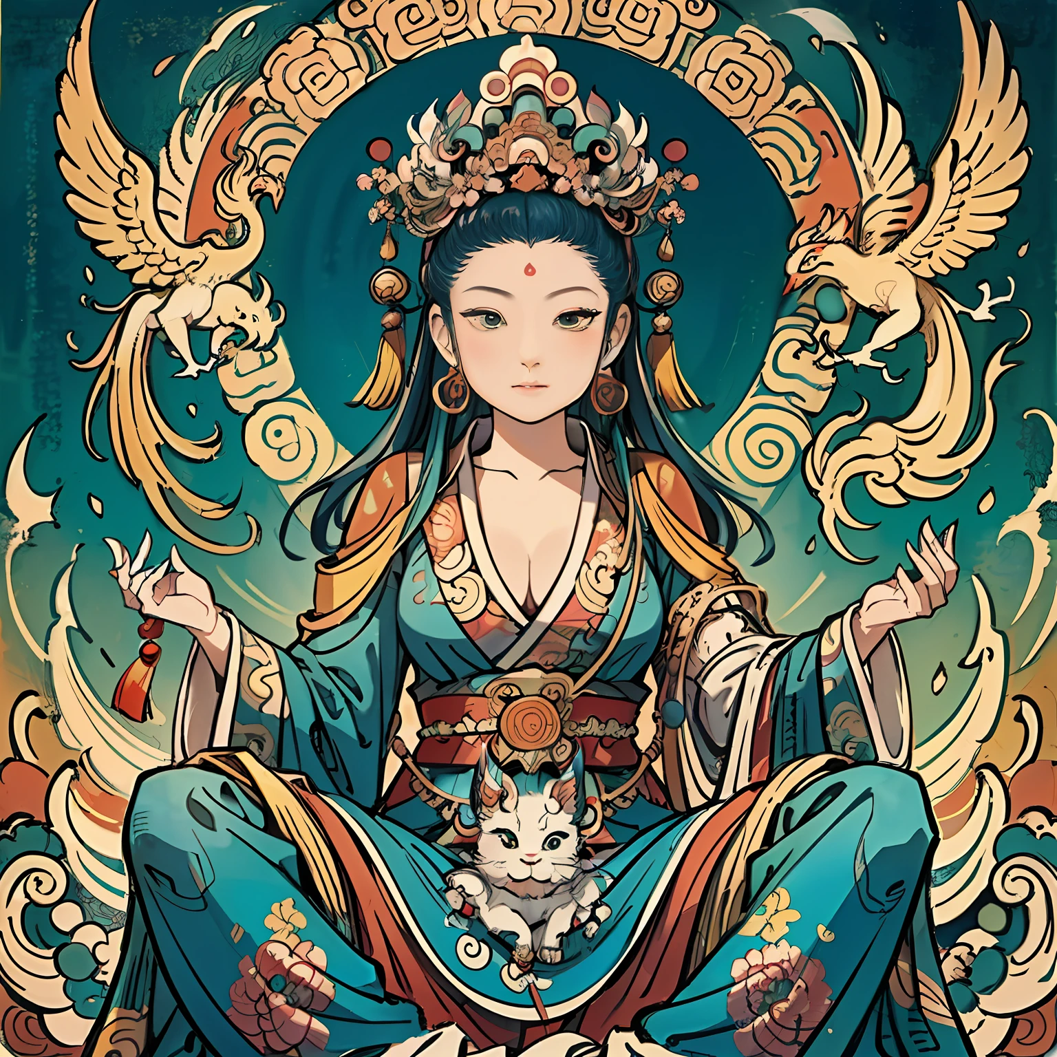 an ancient Chinese goddess, guanyin of the southern seas, Guanyin, Inspired by India, Avalokiteshvara rides a phoenix,,Serene expression,shui mo hua,Buddha,Buddhist,Lotus,Chinese painting style,Thangka style