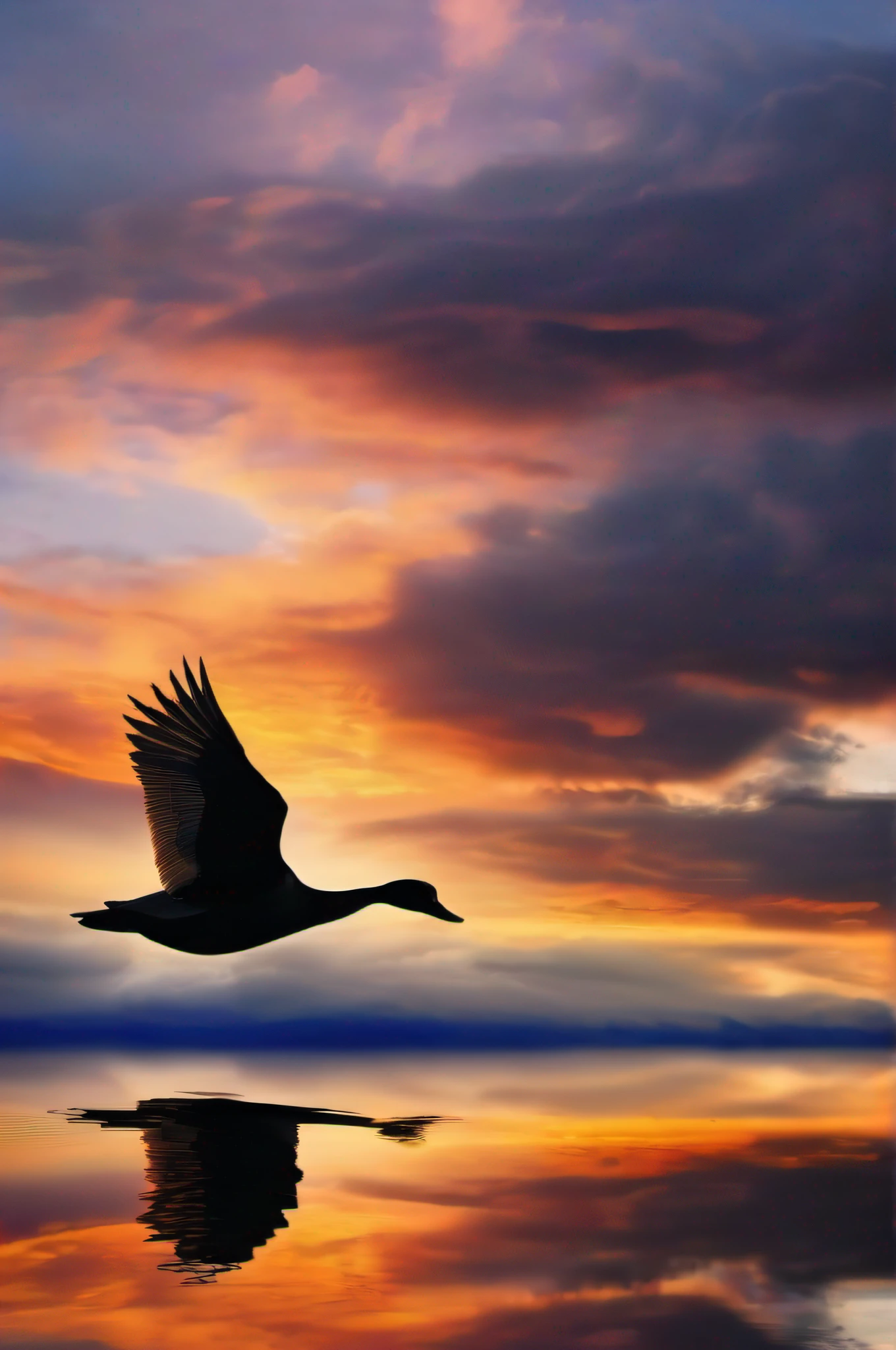 ((masterpiece)), ((best quality)), 8k, high detailed, ultra-detailed, The colorful clouds ，one duck flying in the sunset，reflection, autumn, river, vast sky, merging, serene, harmonious, peaceful