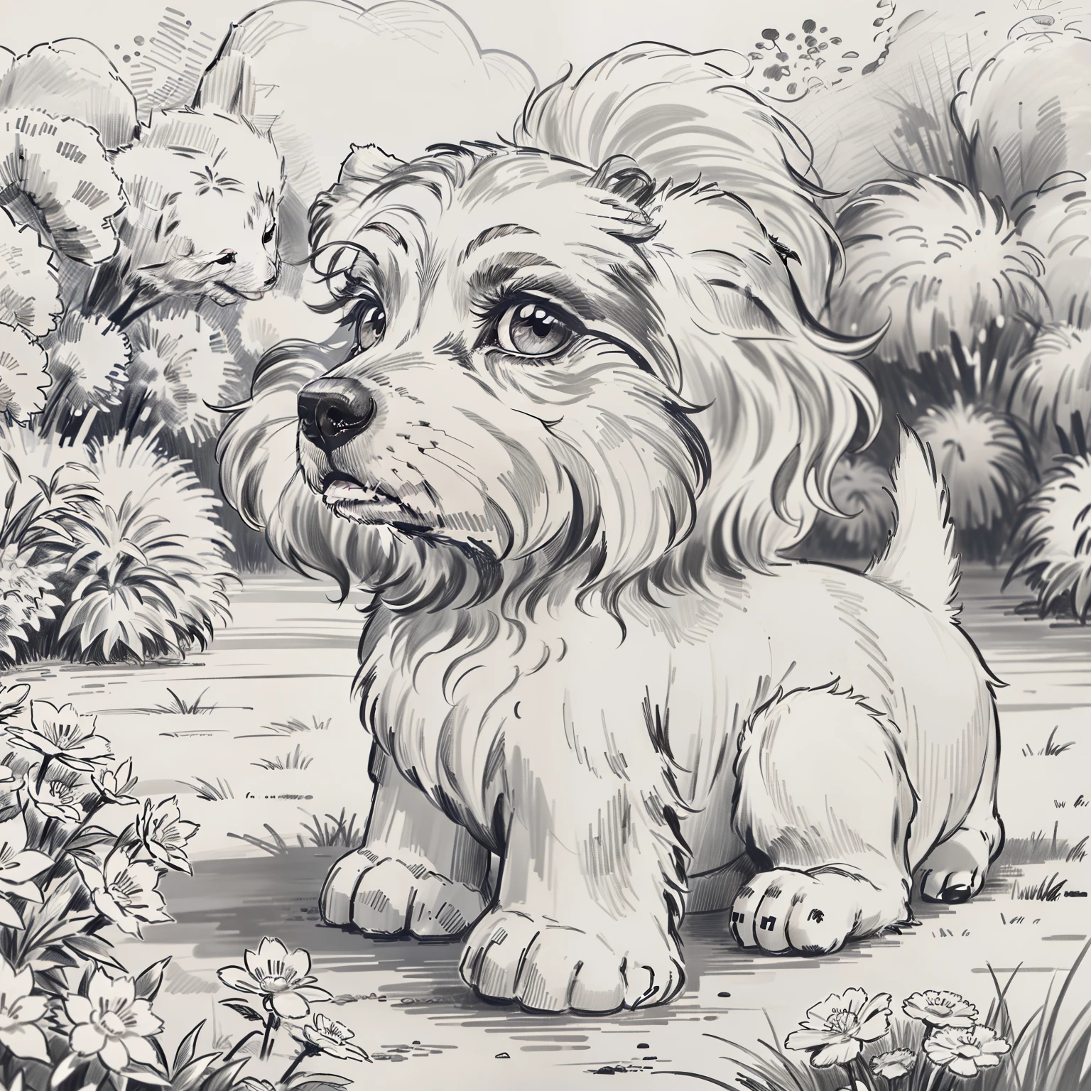 Cartoon Design, figura con contorno sin relleno, monocromatic, apto para colorear, representando a un perro de raza Maltese, playing in a garden. Con fondo color blanco.