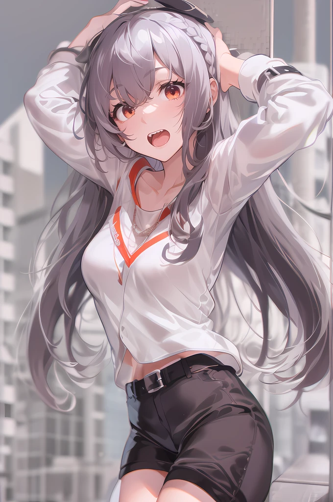 femele, Height 1.Under 5 meters, Erect a full-body photo, Put your hands behind you, stooped, White straight hair, red color eyes, largeeyes, shyexpression, with bulging cheeks, beast ear, high school senior, black long socks, Unbeatable expression, Flowing hair, Asia face, There are front hair with bangs,Cover forehead, Black city outdoor background, thin very long legs, smallunderboob,Big breasts Thin waist。