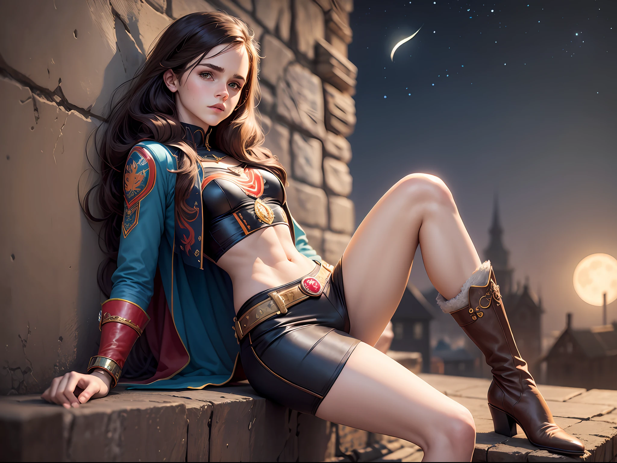 masterpiece. photorealistic. cinematic lighting. Teen emma watson dressed as Robin the boy wonder. Detailed tight costume. crop top. Defined body. Slender. Small breasts. background moon. night. long hair. leaning on a wall that has intricate carvings and jewels. boots.