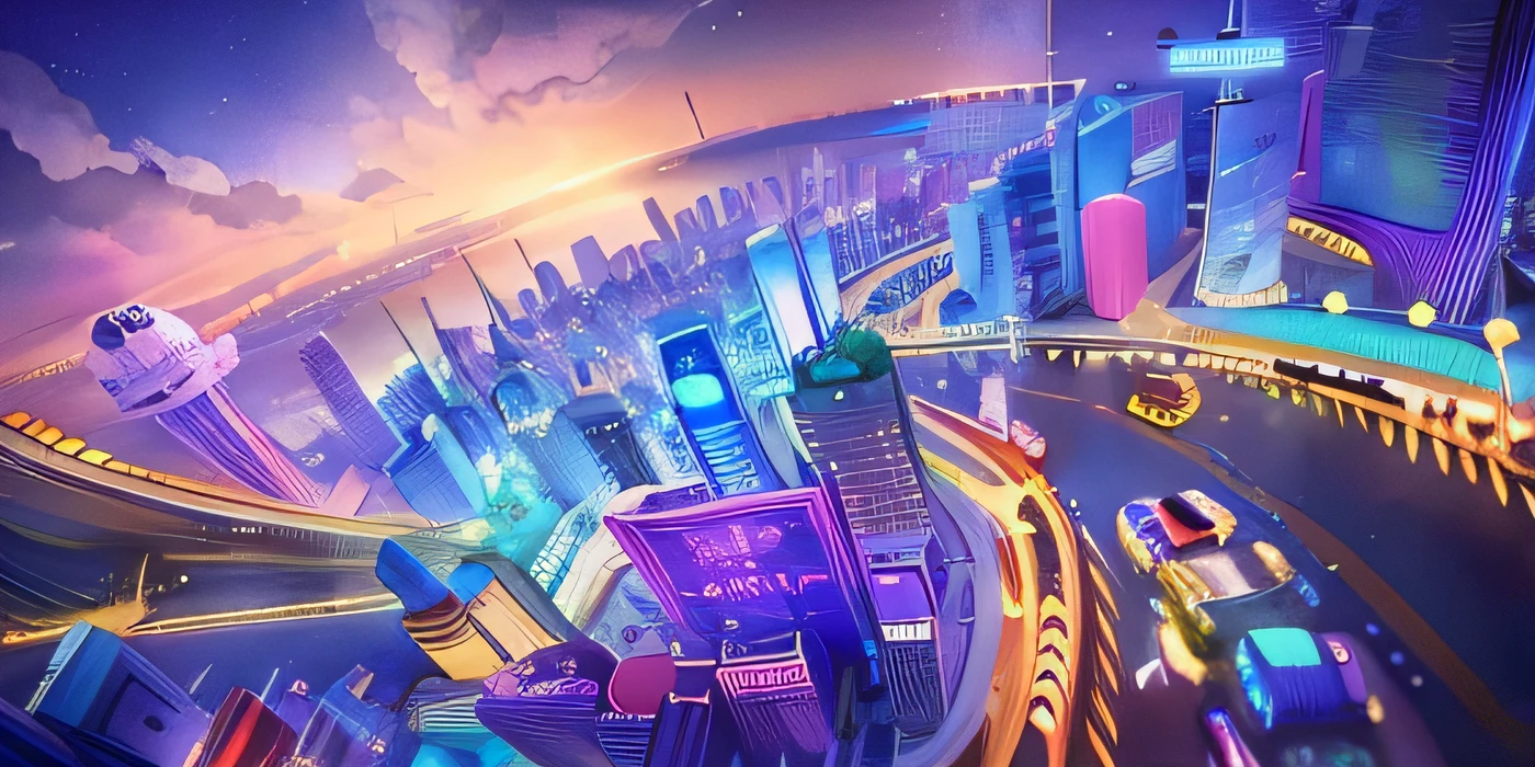 Cartoon game scene, Q version style, cute, bustling city, high-rise building, casino, slot, outdoor scene, starry sky, crazy zootopia style, animated movie scene, Disney, Pixar, concept art, surrealism, cinematic lighting, atmospheric perspective, UHD, high quality, masterpiece