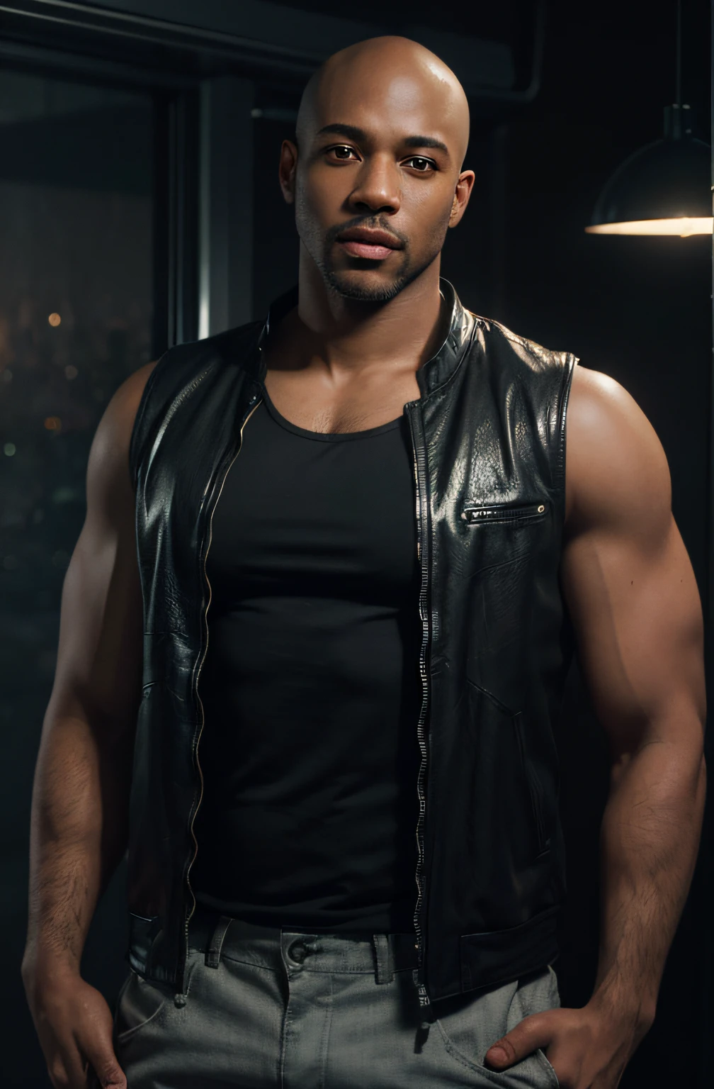 (Ultra Realistic), (Illustration), (High Resolution), (8K), (Very Detailed), (Best Illustration), (mysterious look), (slight smile) (Best Quality), (Ultra Detailed), (Artwork -Prima), (Wallpaper), (male facial expression), Standing Bald Black Man, Cinematic Lighting, Tank Top boy, news anchor style, wearing casual clothes with open leather jacke