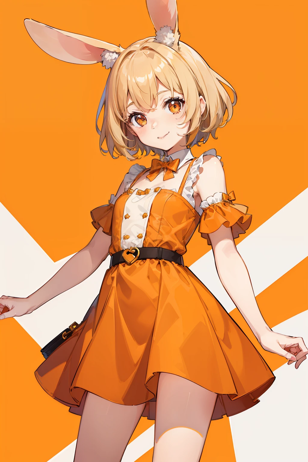 1girl, cream hair, short hair, brown eyes, smyle, rabbit ears, orange dress.