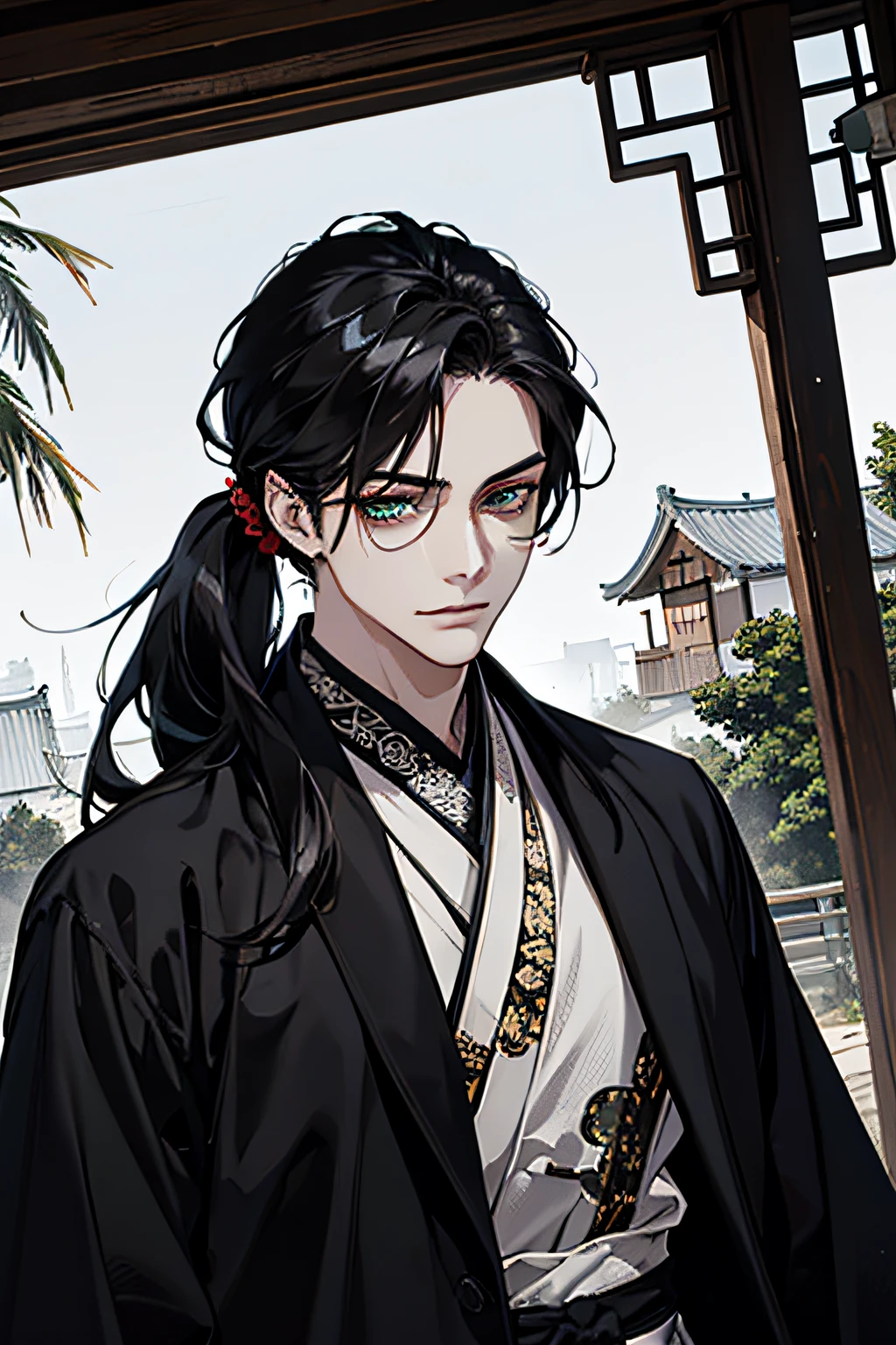 (absurderes, hight resolution, ultra-detailliert), 1man, 18-year-old man in Han style、 Handsome, tall,, finely detailed eyes and detailed face, Hanfu、Black Hanfu、((Black clothe)), ((Black coat))、Night, eye line、ssmile, Dutch Angle, ((Long hair, Black hair)), (((poneyTail))), (foggy forest)、Black Hanfu、Gothic, Dark, Take in the view, pale skin, Green detailed eyes, eye line, (masculine), Sexy, a smirk、rebel、Seductive, slightly muscular, Very attractive, flirtatious,Ancient wooden houses
