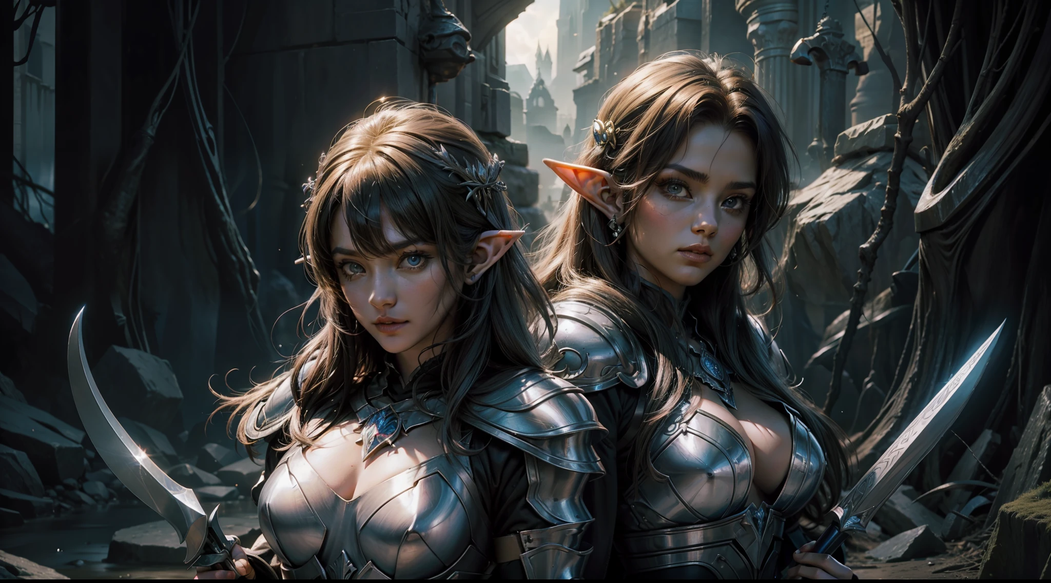 dungeons and dragons，mages，Warriors，the elf，archer，Heavy armor，magnificent robe，Glowing scepter，speleothems，half-body shots，dramatics，（Close portrait：1.3），illusory engine， (High detail: 1.9)，（femele：1.4），（big breasts beautiful： 1.4),(carismatic:1.3)，