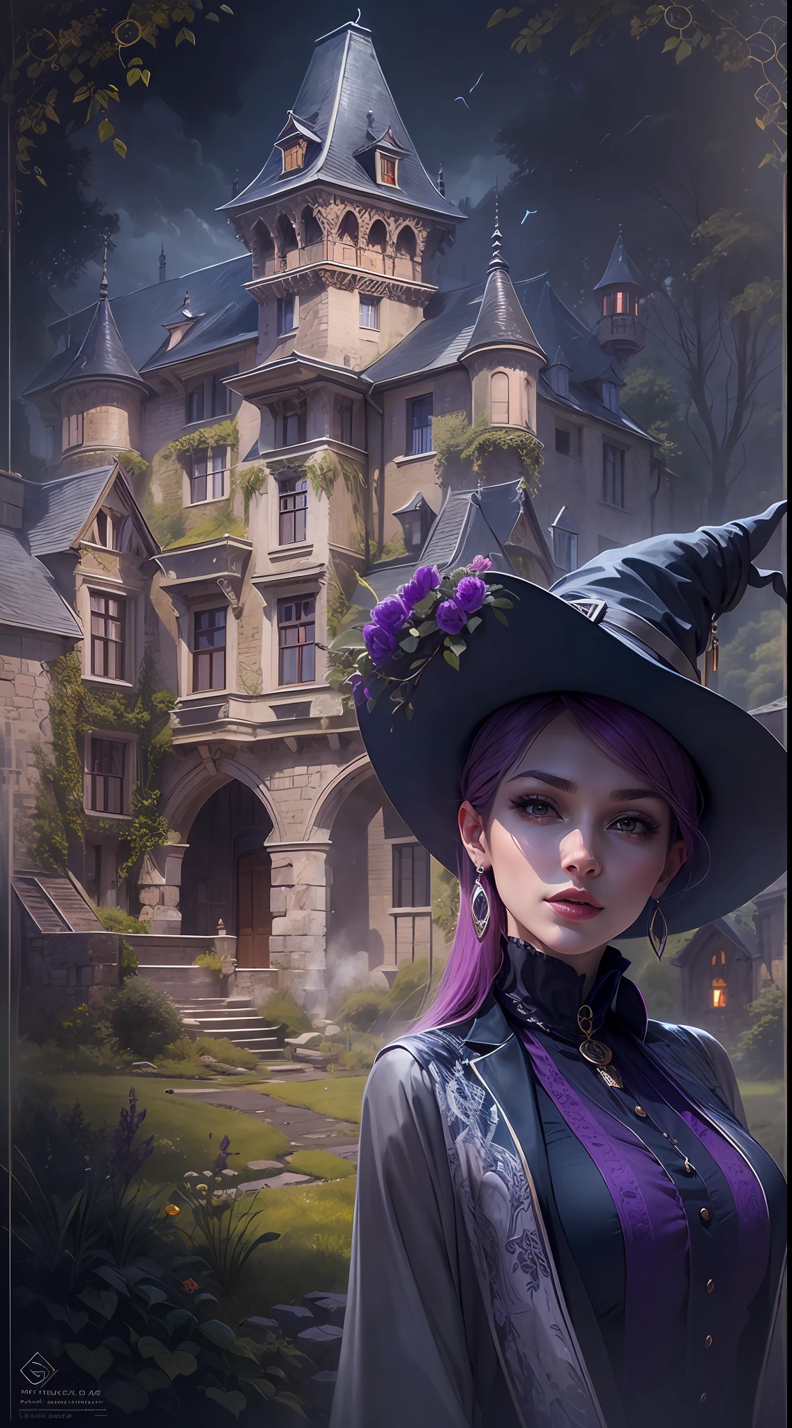 ((Witch over a immense complex Manoir Castle, Transylvania style Architectural concept)) Double exposure, Witness the captivating beauty of a young European Witch girl as the camera zooms in, her glossy blackberry and purple-red hair cascading gracefully around her shoulders and perfect breast, her striking green eyes sparkling with intelligence and vitality, a petite nose adding a touch of delicate sensuality, her lips adorned with an enchanting shade of dark-purple lipstick that enhances her magnetic smile, small earrings in shimmering silver accentuating her facial features, she exudes confidence in her impeccably tailored work suit, the portrait taken in a 9:16 aspect ratio, the high-performance camera capturing every intricate detail of her realistic skin textures, Artwork, meticulously crafted with pencils on high-quality paper, using shading and blending techniques to bring out the depth and dimension, immense landscape view