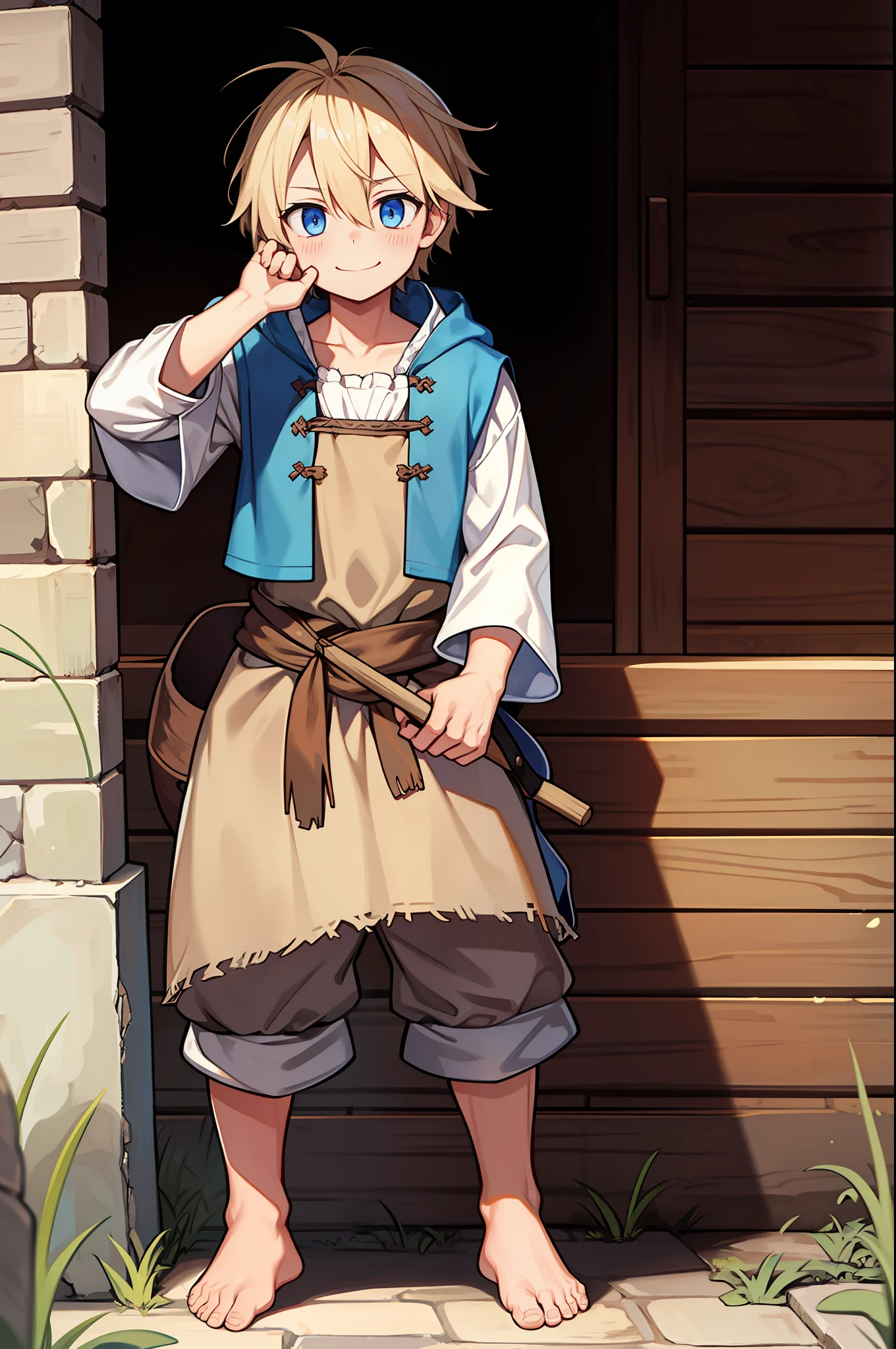 A ragtag peasant boy in tattered rags
A page in ill-fitting medieval clothes, patched and worn
A threadbare jerkin covers his bony frame
Straw-stuffed shoes too large for his bare feet
His gaunt face and hungry eyes seek what scraps may come
A dirt-streaked face peeks from a hole-filled hood
A smile through grime on an urchin's face hopeful for scraps
A village youth begging crusts at the castle gate
His straw hat in hand, a feudal serf's child seeks crumbs