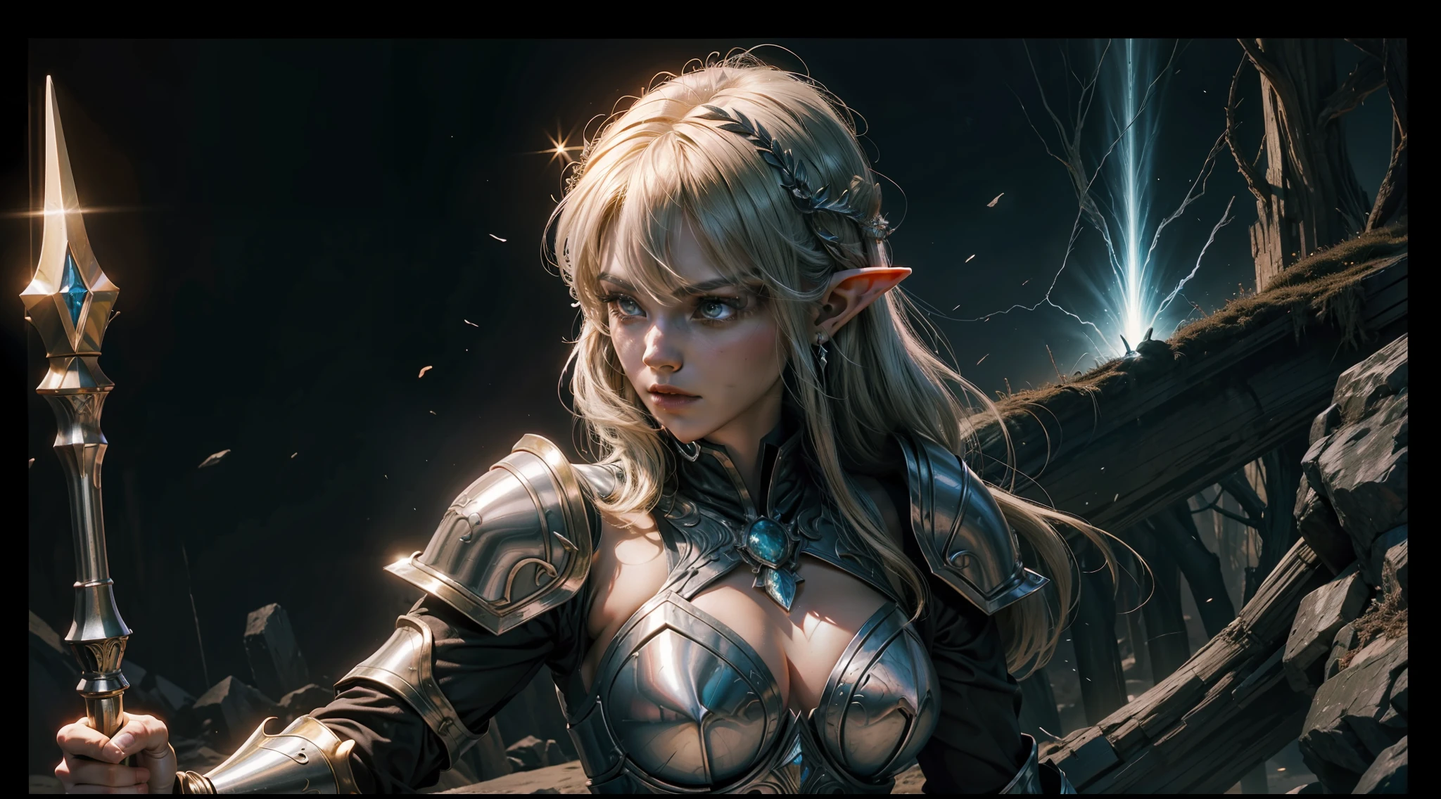 dungeons and dragons，mages，Warriors，the elf，archer，Heavy armor，magnificent robe，Glowing scepter，speleothems，half-body shots，dramatics，（Close portrait：1.3），illusory engine， (High detail: 1.9)，（femele：1.4），（big breasts beautiful： 1.4),(carismatic:1.3)，