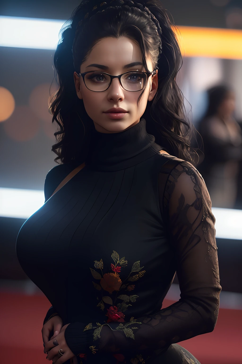 Highly detailed, High Quality, Masterpiece, beautiful, Nicoletta Goldstein, medium breasts, looking at viewer, edgCoquine, wearing edgCoquine, choker, in a black dress with floral embroidery, a photo of (fl0r14n4m3ss1n4:0.99), a woman (wearing a turtleneck jumper), on a premiere movie event, standing on the red carpet, (focus on face:1.2), (masterpiece:1.2), (photorealistic:1.2), (bokeh), (best quality), (detailed skin:1.2), (intricate details), (8k), (HDR), (cinematic lighting), (sharp focus), (close-up:1.4)
