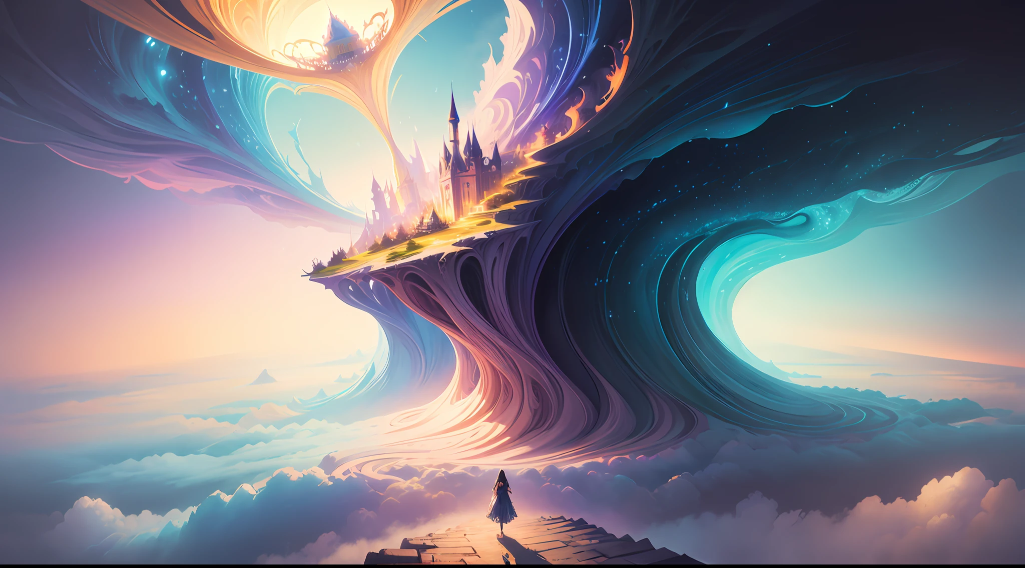 a woman walking up a flight of stairs in the sky, concept art inspired by Cyril Rolando, tumblr, fantasy art, dreamy art, painting of a dreamscape, she is approaching heaven, she is arriving heaven, dream scenery art, in the astral plane ) ) ), leading to a beautiful, fantasy and dreams vibes, fantasy surrealism, surreal dreamscape, beautiful fantasy painting --auto