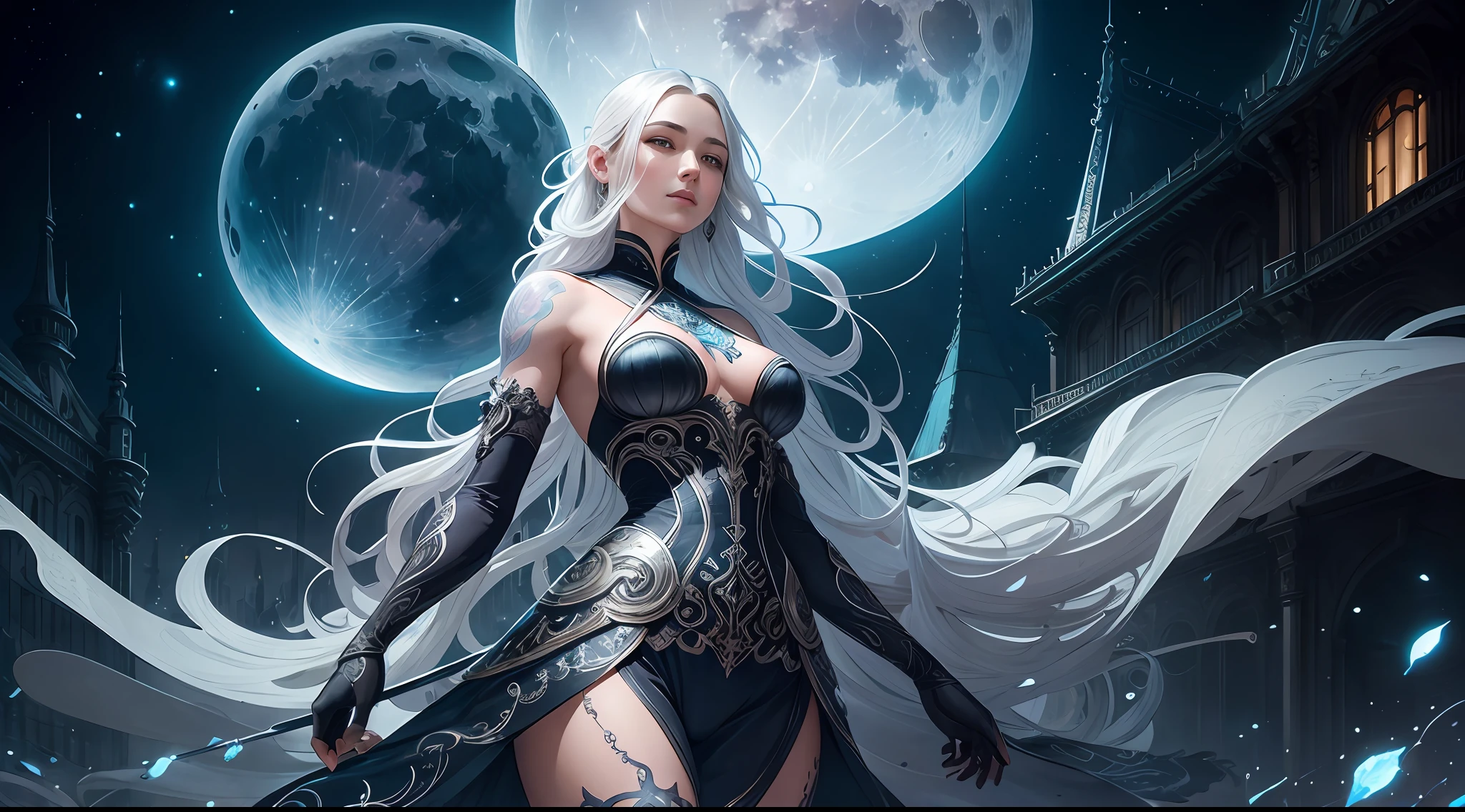 Beautiful dark moon goddess covered in nightly glow with detailed silver features under  the moon with illuminating moonshine beams, she has white hair and white tattoos ; highly detailed, dynamic pose , city landscape on the background, intricate motifs, organic tracery, perfect composition, digital painting, artstation, concept art, smooth, sharp focus, illustration, Carne Griffiths, pixar, Victo ngai, Jean Baptiste Monge, shiny aura --auto