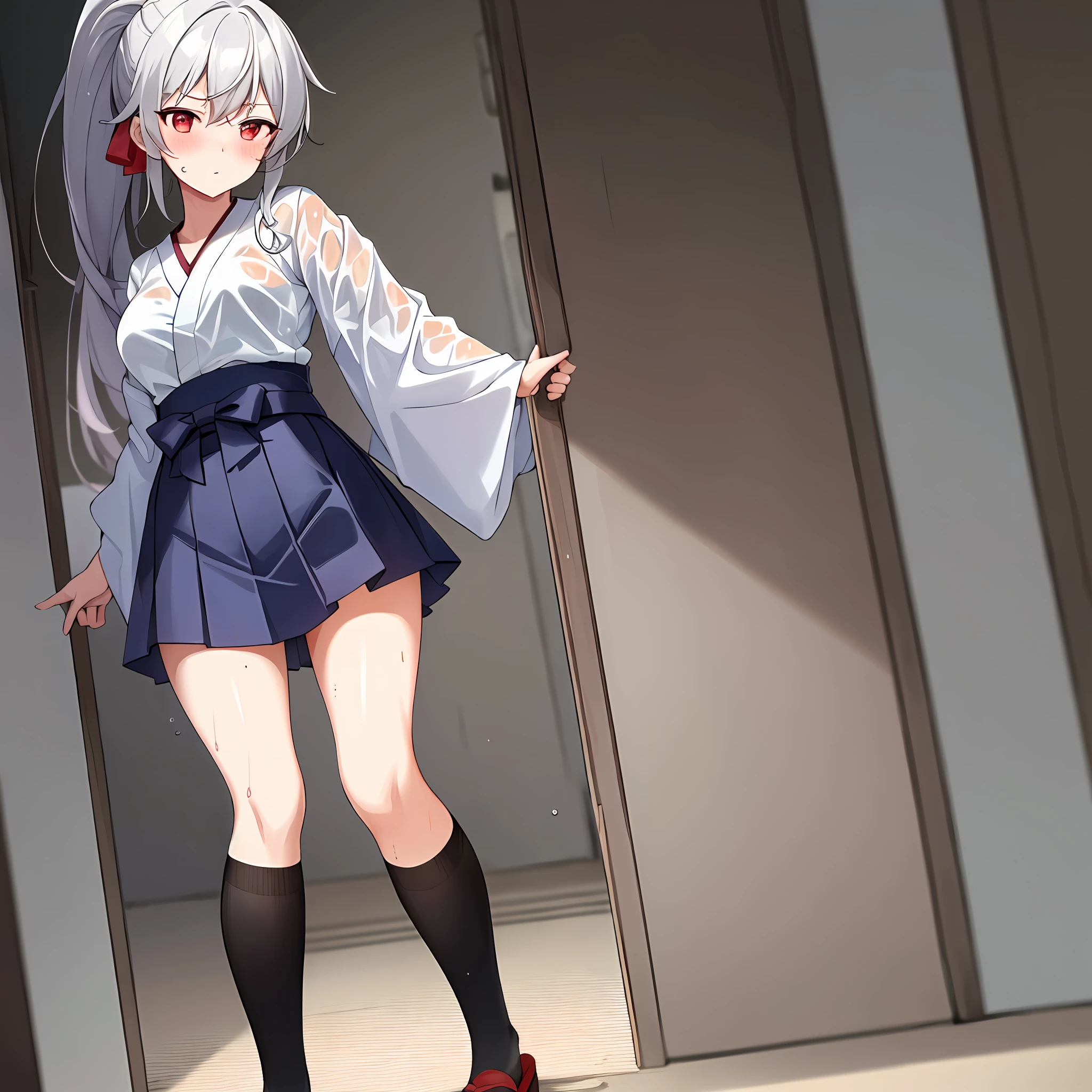 task(9nmn948k0ph1c1k) (masterpiece:1.5), (high quality:1.1), Inglis, Grey Hair, Red Eyes, pale skin, long hair, red hair ribbon, blushing, scare, full body, 1girl, solo, super detail, ombre hair, full breast, wipe hip, slim waist, sweaty, standing, very short skirt, red light, soft light, white top, navel, ponytail, (wet clothes:1.2), (kimono:1.2), schoolgirl uniform,