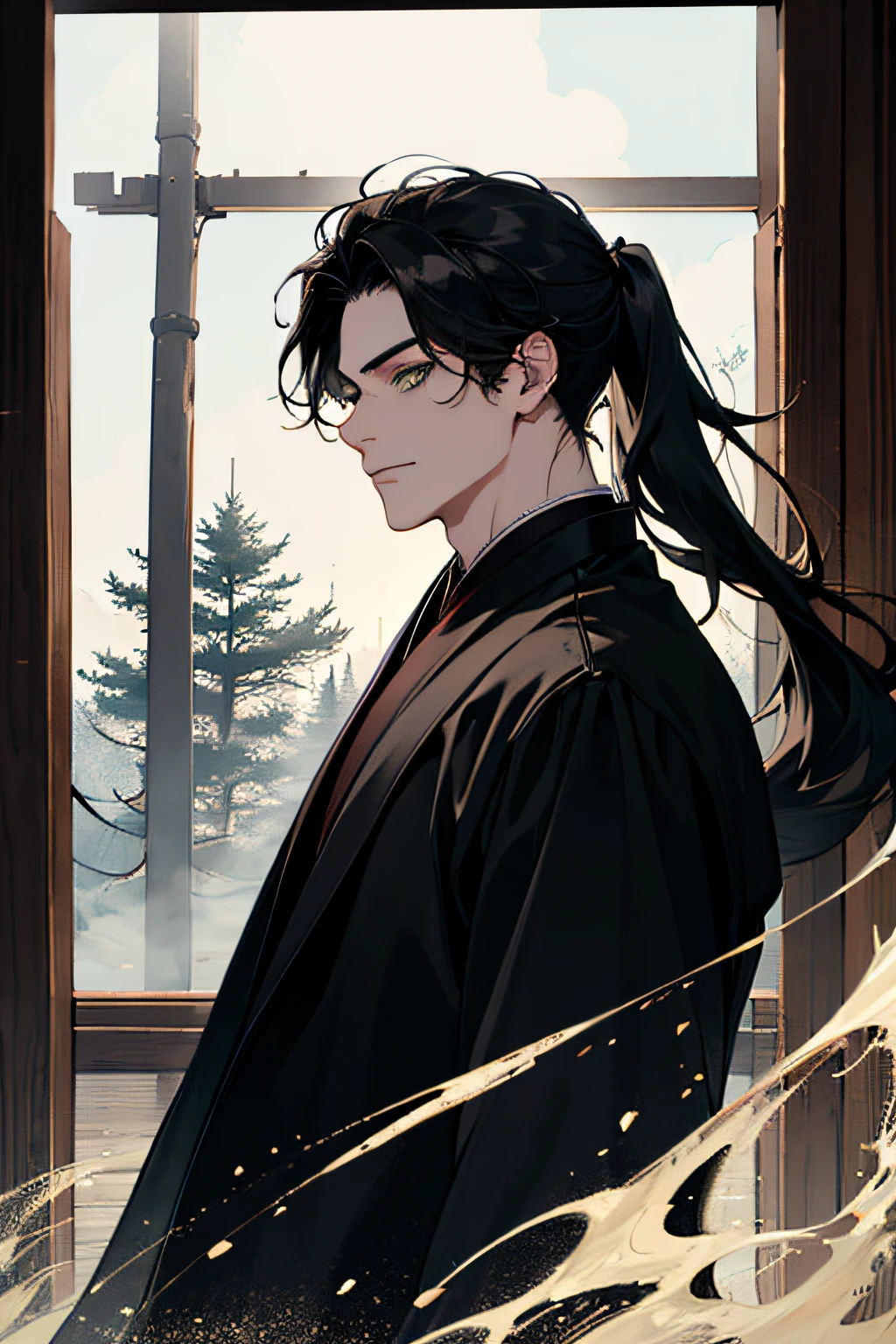 (absurderes, hight resolution, ultra-detailliert), 1man, 18-year-old man in Han style、 Handsome, tall,, finely detailed  eyes and detailed face, Hanfu、Black Hanfu、((Black clothe)), ((Black coat))、Night, eye line、ssmile, Dutch Angle, ((Long hair, Black hair)), (((poneyTail))), （foggy forest）、Black Hanfu、Gothic, Dark, Take in the view, pale skin, Green detailed eyes, eye line, (masculine), Sexy, a smirk、rebel、Seductive, slightly muscular, Very attractive, flirtatious,Ancient wooden houses、Ancient Chinese black robes、double tooth