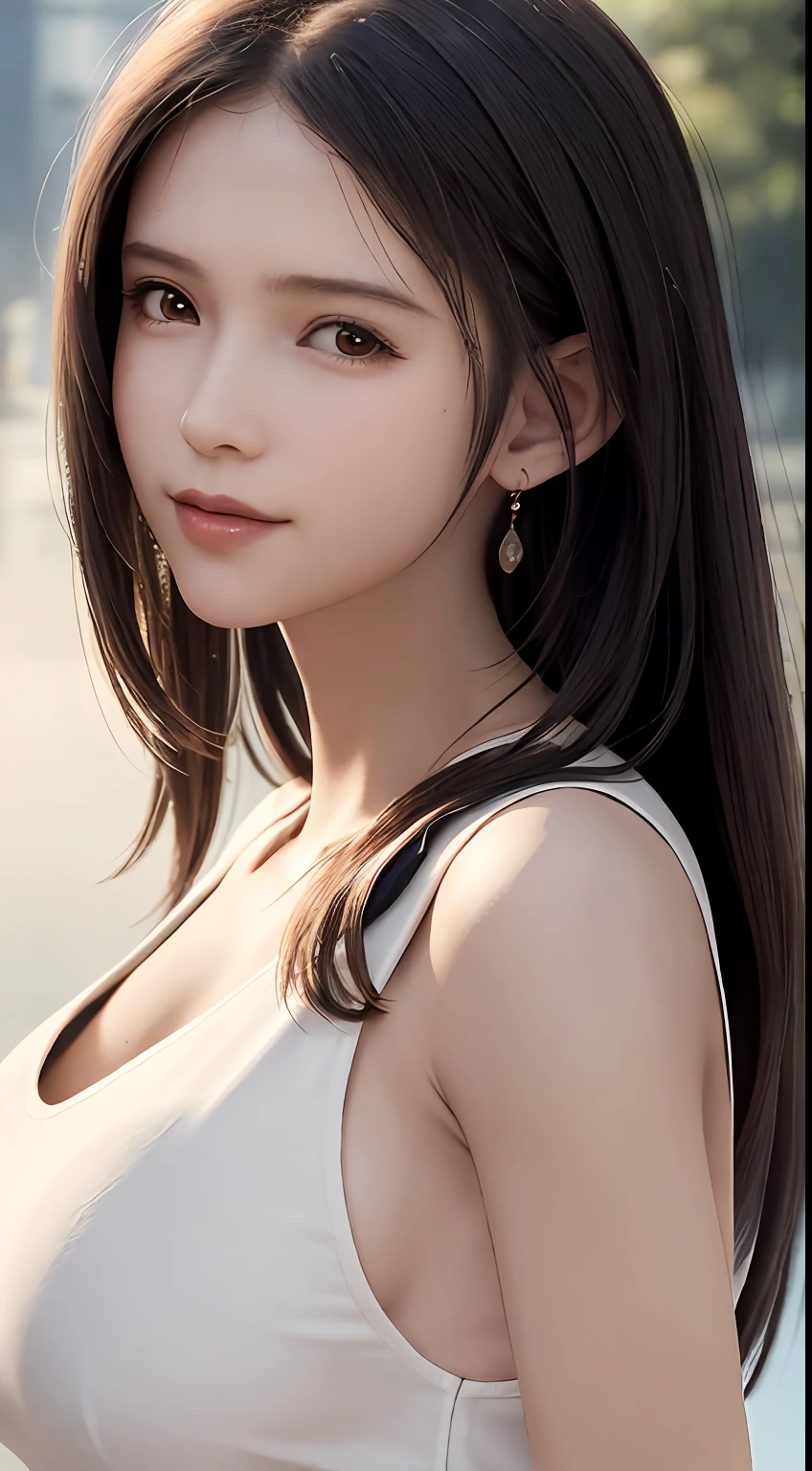 Masterpiece, Best Quality, Film Stills, 1girl, Front, Low-cut Transparent Dress, Big Tits, Close-up, Bright, Happy, Warm Soft Light, (mist: 0.7) No Bra