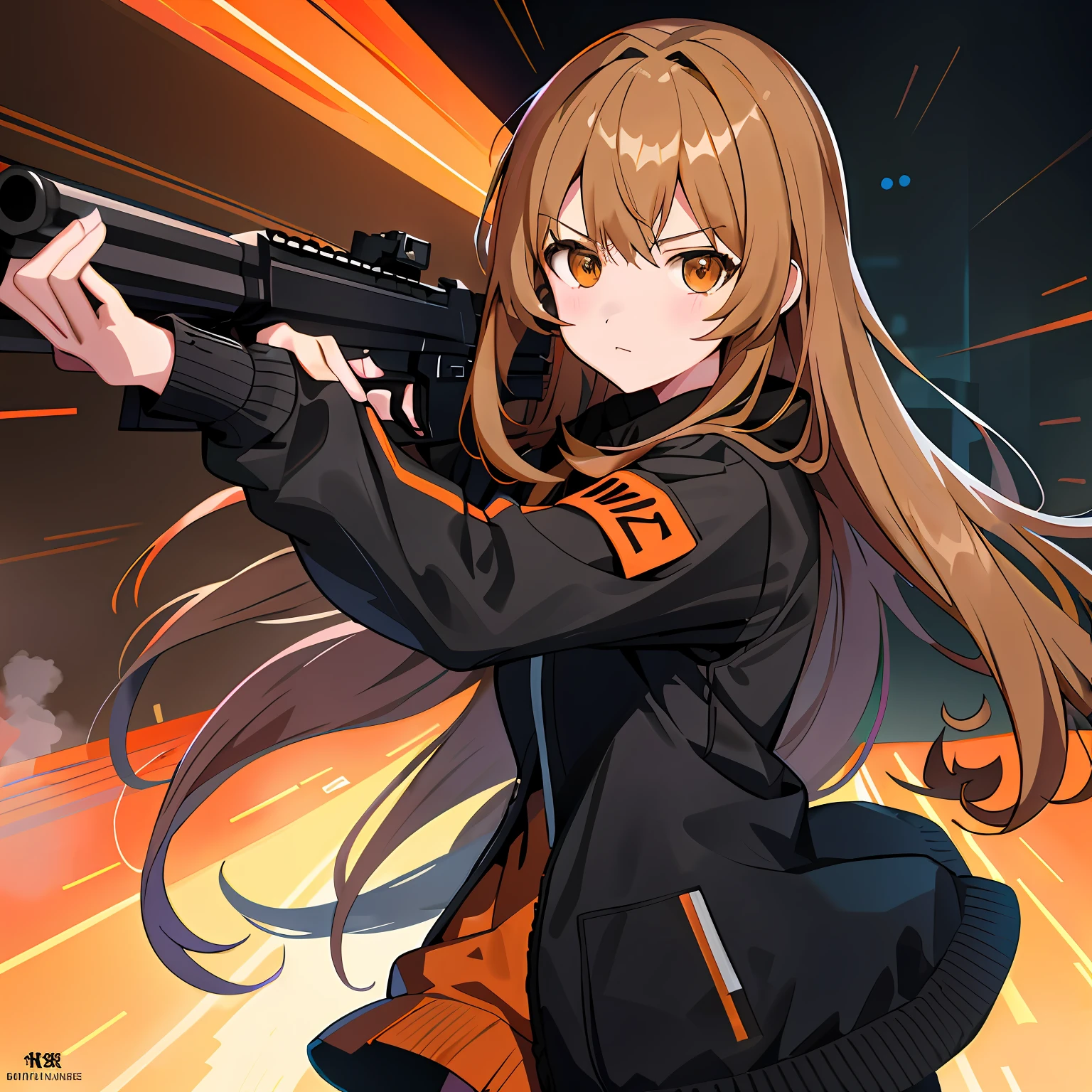 Anime girl with gun in hand,The background is orange light, girls frontline style, from girls frontline, Girls Frontline CG, Girl Front, Fine details. Girl Front, Badass anime 8 K, girls frontline universe, m4 sopmod ii girls frontline, Marin Kitagawa fanart, railgun, Female action anime girl, Female protagonist 👀 :8, with rifle