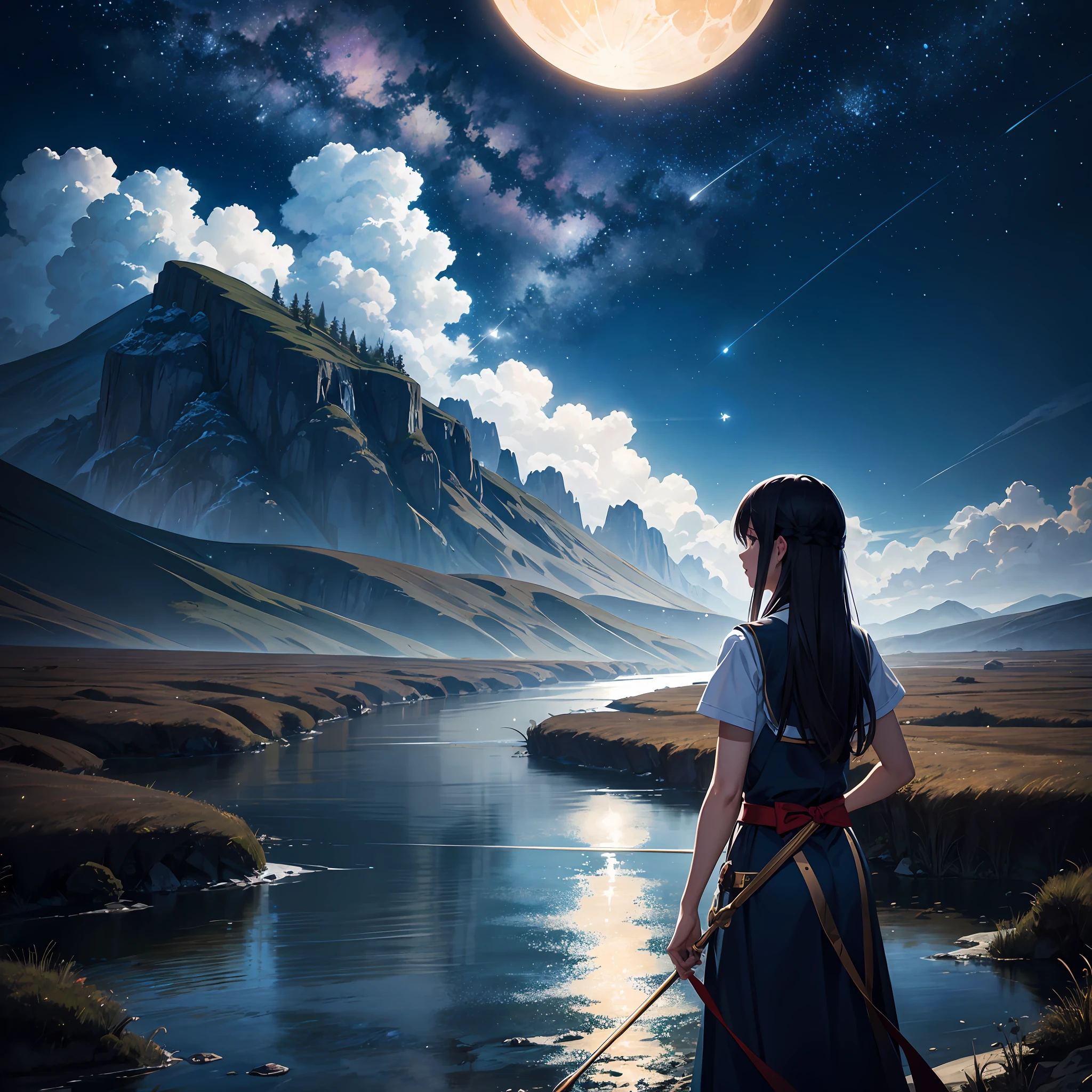 A painting of a river with stars and moon in the sky, concept art inspired by Tosa Mitsuoki, pixiv contest winner, best quality, fantasy art, beautiful anime scene, a bright moon, moonlit starry environment, dream painting, Anime Background Art, Fantasy Landscape Art, Fantasy Night, Anime Background, Background Artwork, Fantastic Art, Atmospheric Anime, Starry Sky, Detail Enhanced.